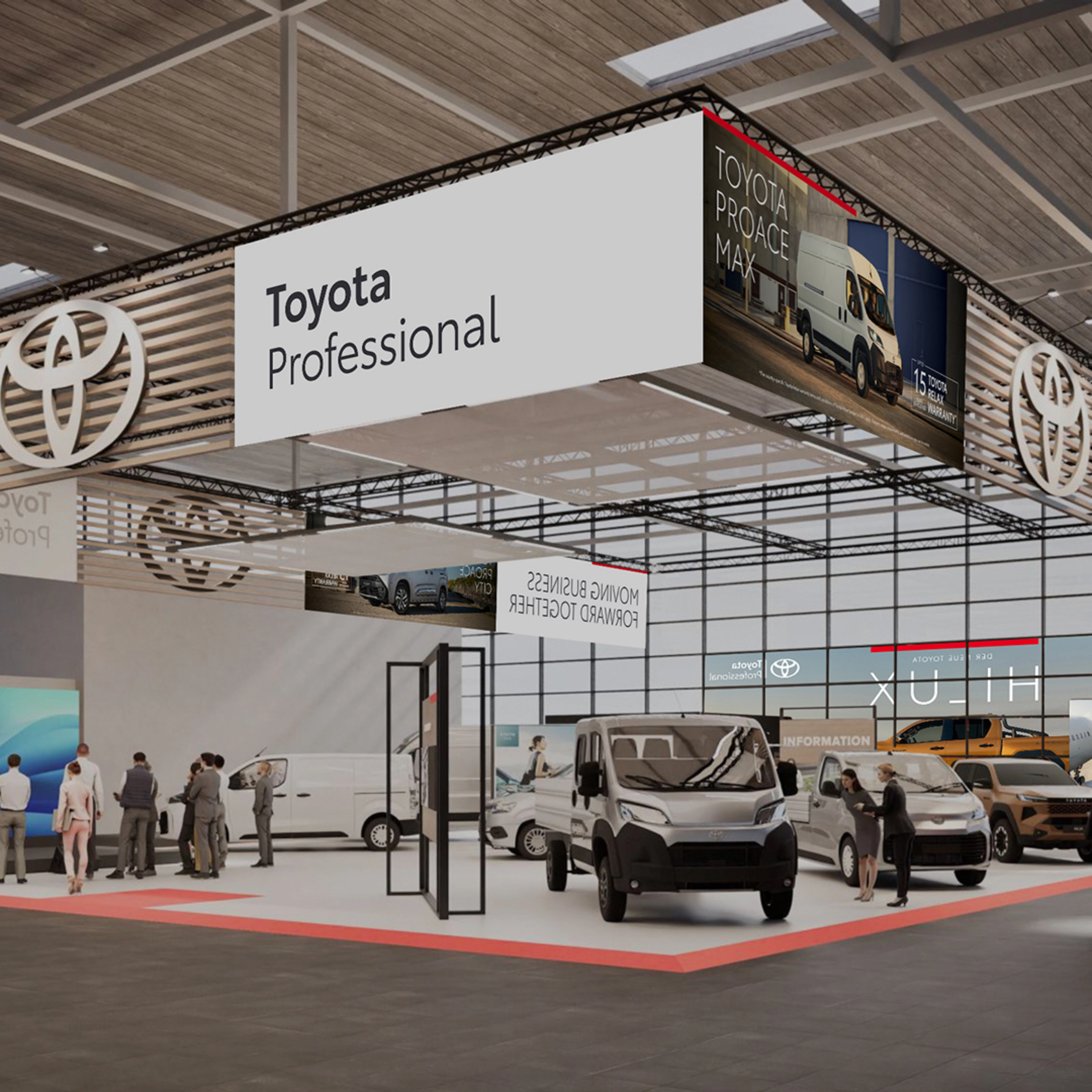 Toyota Professional exhibition stand with commercial vehicles and visitors at a trade fair.