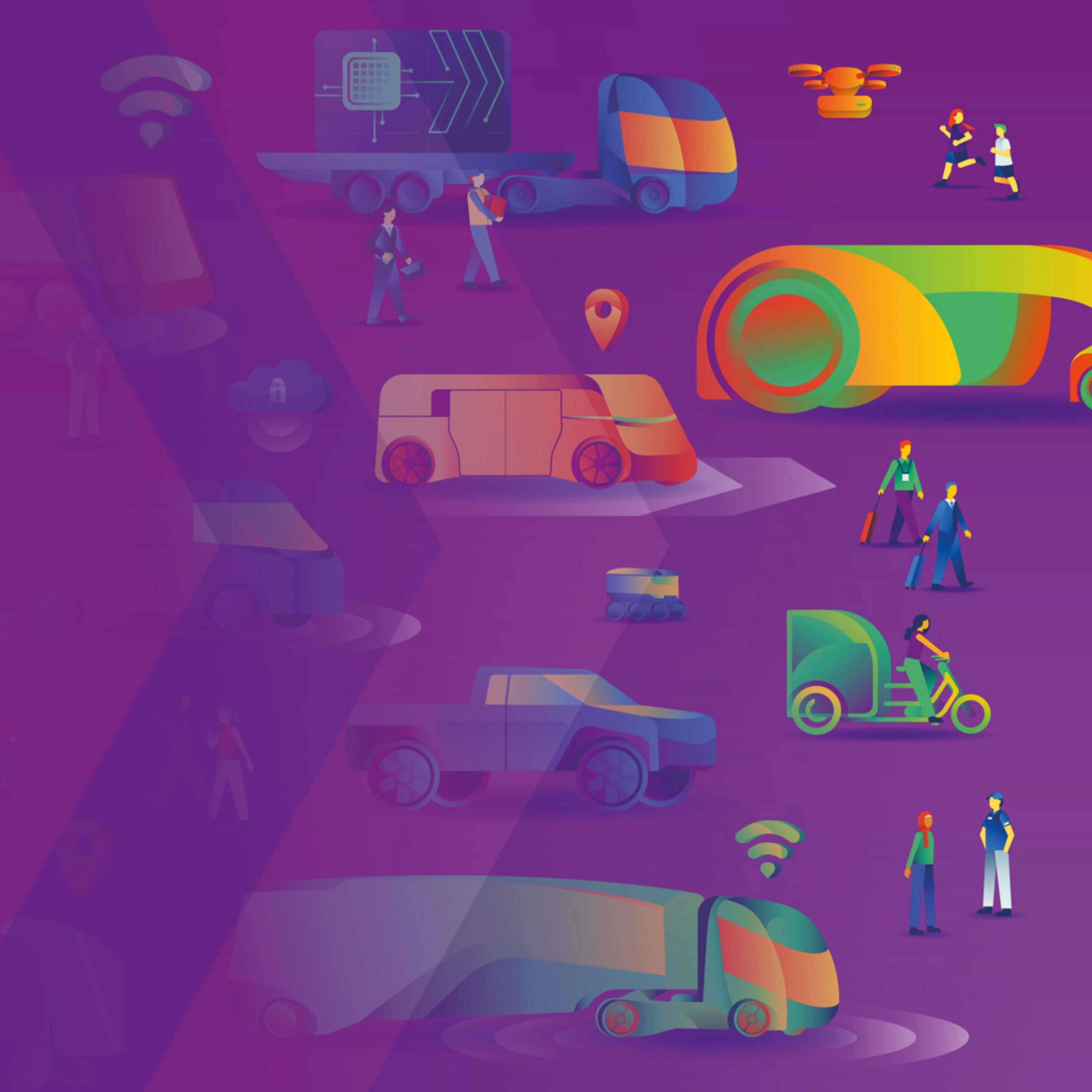 Illustration of futuristic and eco-friendly transport with electric vehicles and wind turbines.
