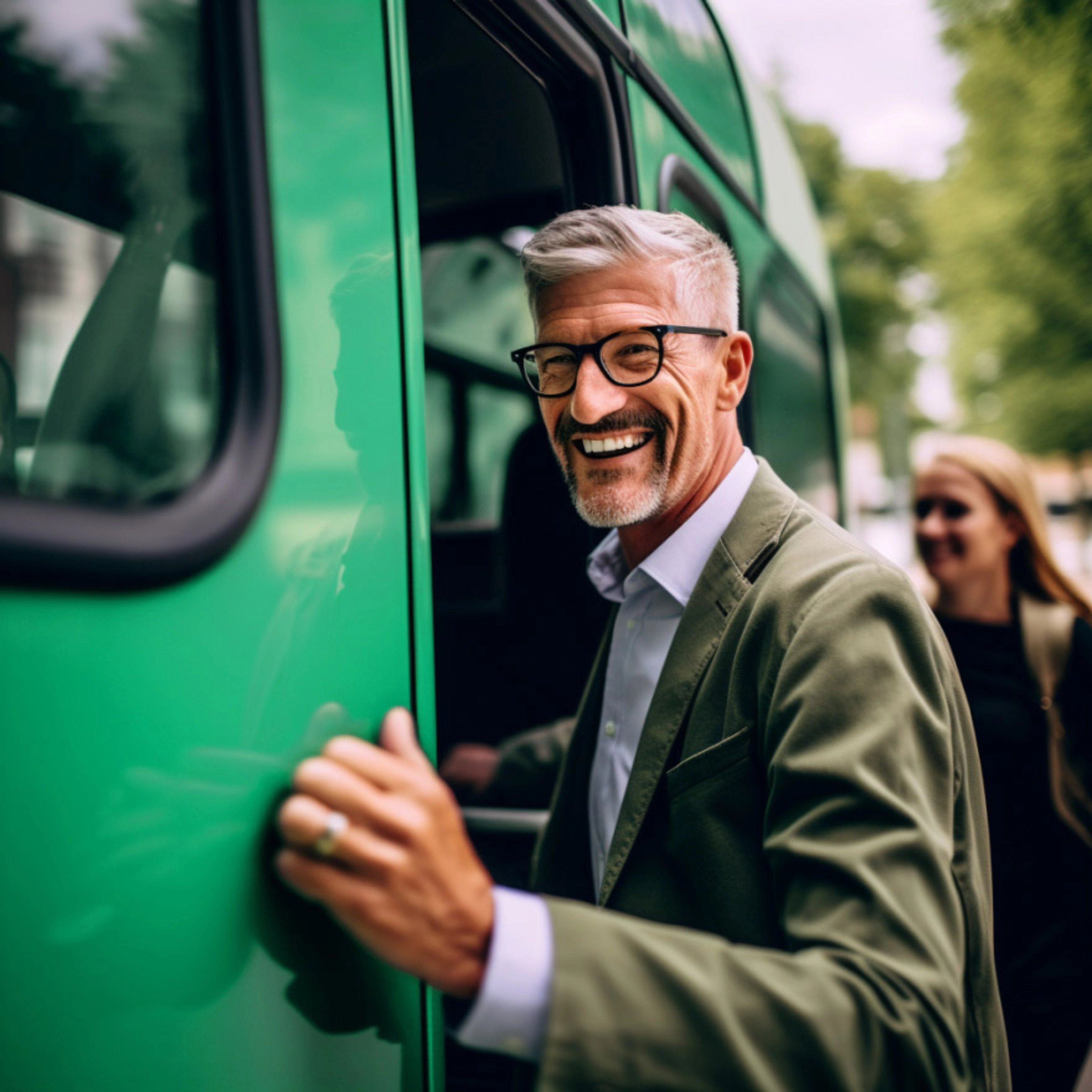 Smiling man with glasses boarding a green bus outdoors.