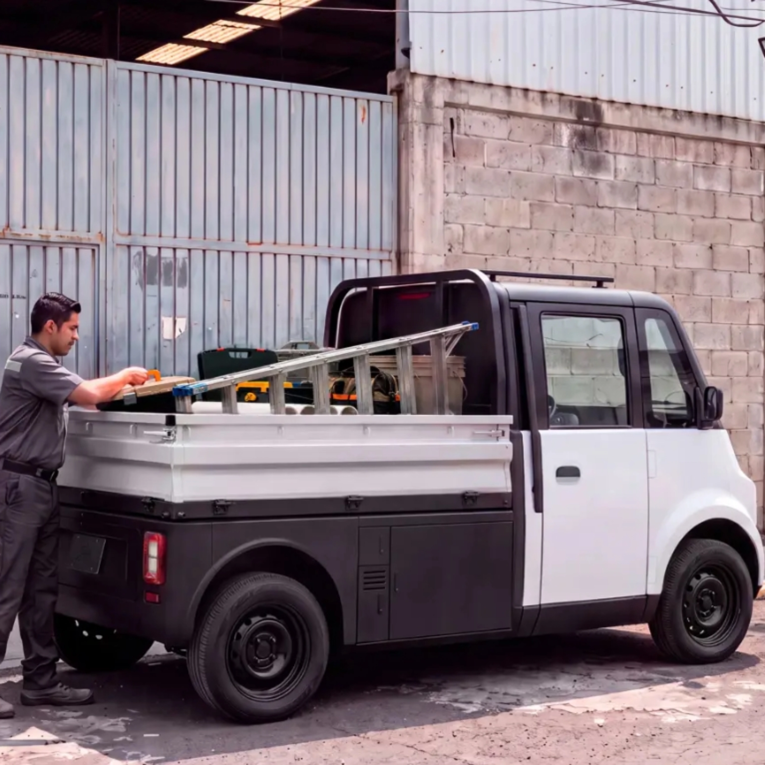 Compact Olinia utility vehicle being loaded at the roadside.