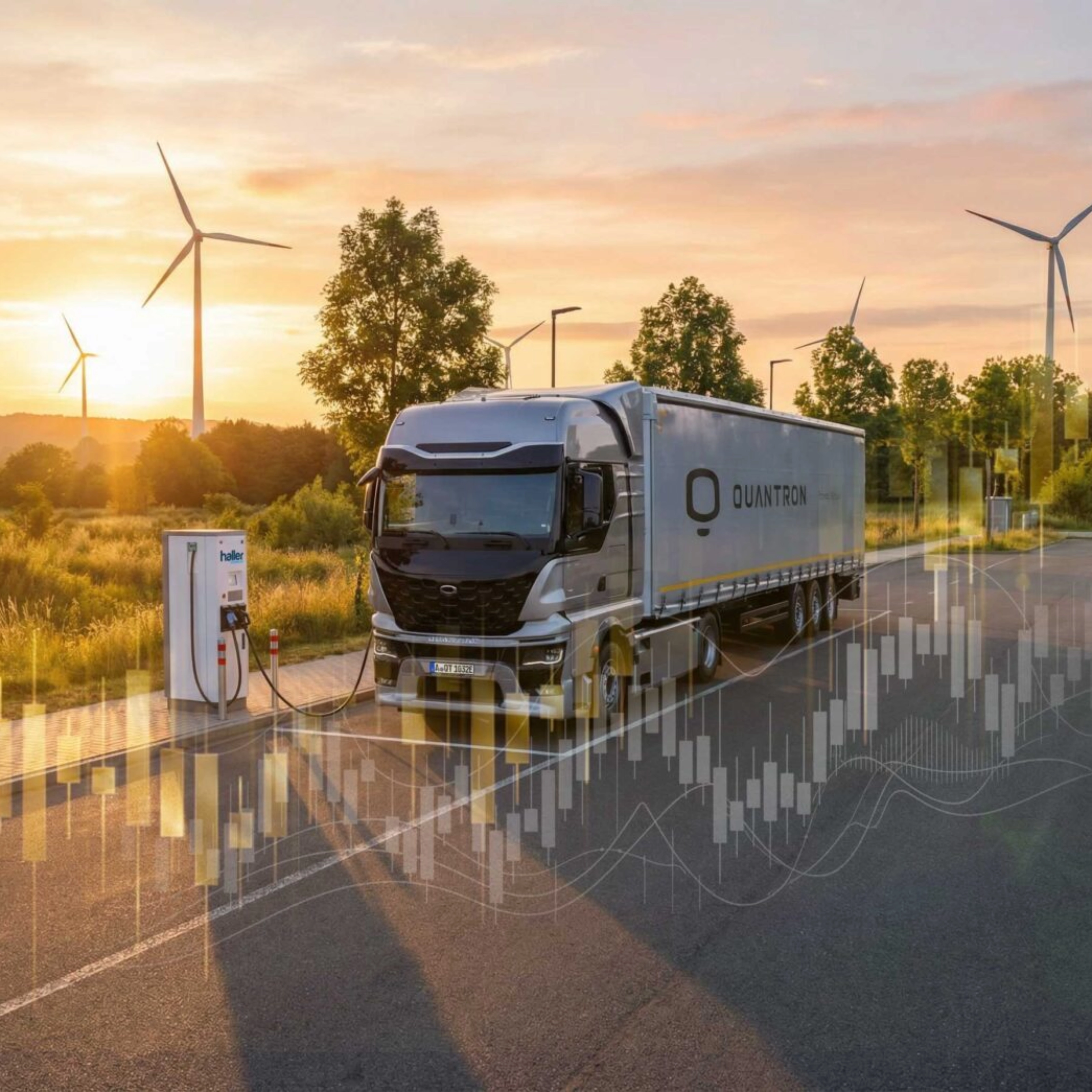 Quantron electric truck at a charging station with wind turbines and financial charts.