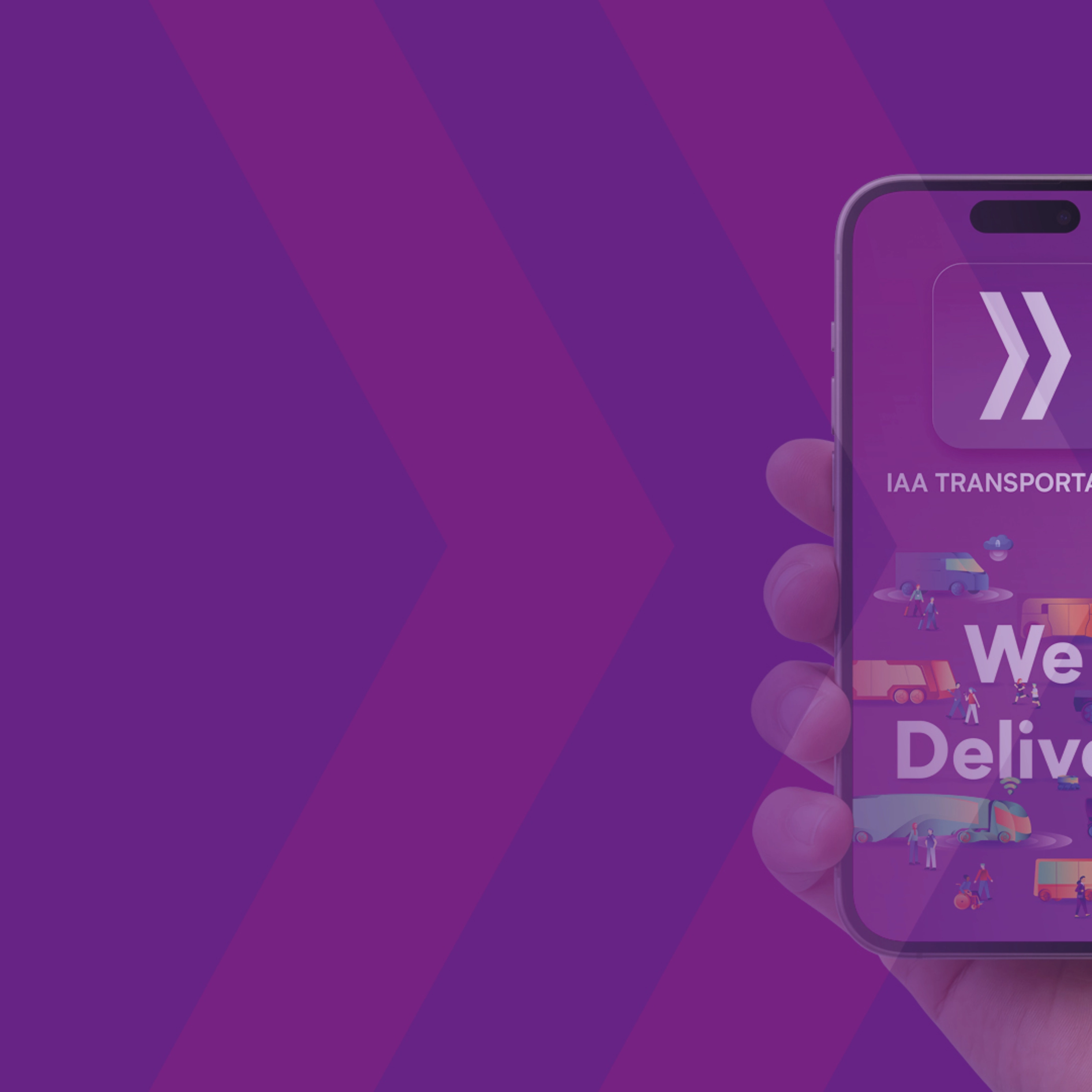 Eine Person hält ein Smartphone mit einer bunten App-Oberfläche und dem Text IAA.