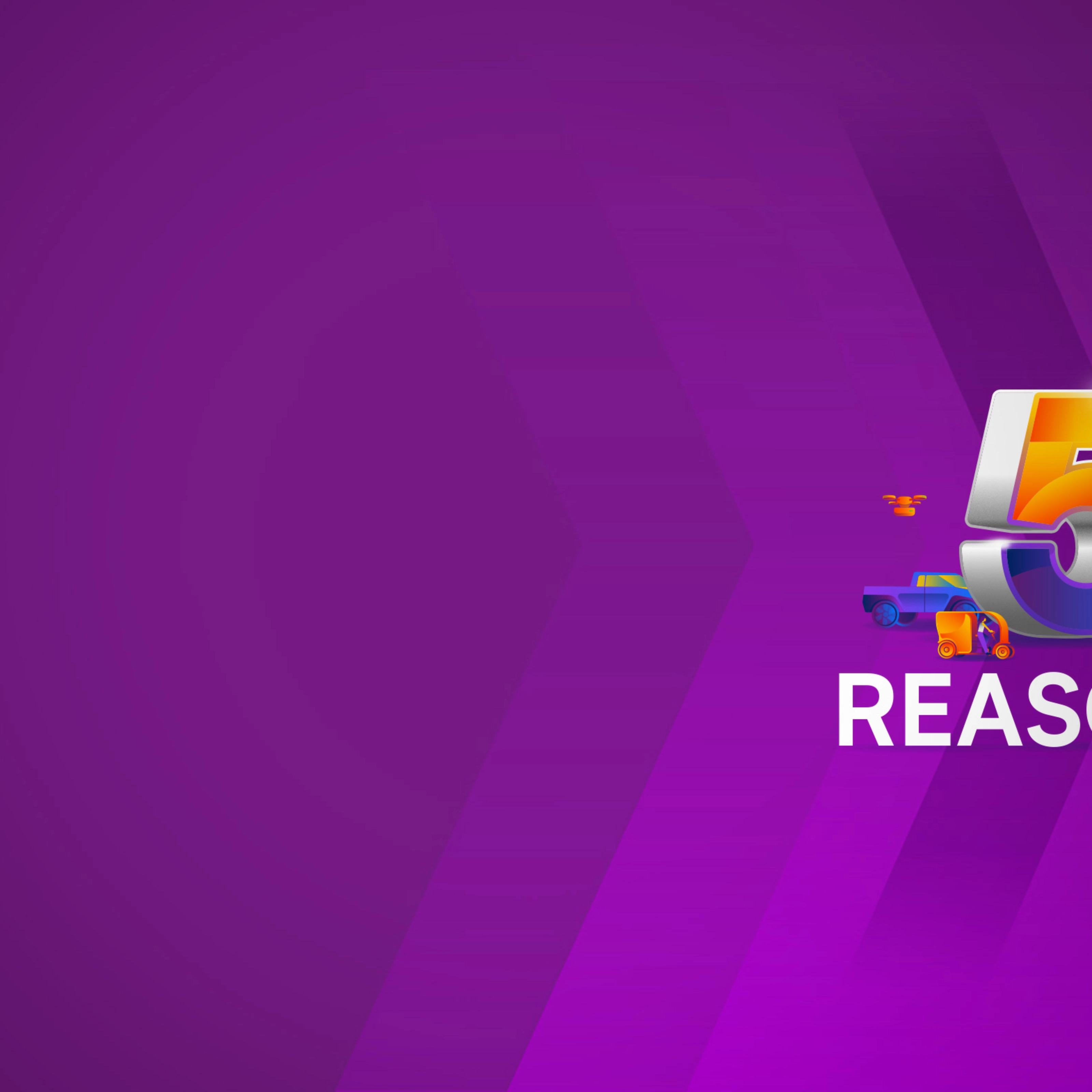 Große Zahl 5 mit Fahrzeugen und dem Wort Reasons auf lila Hintergrund