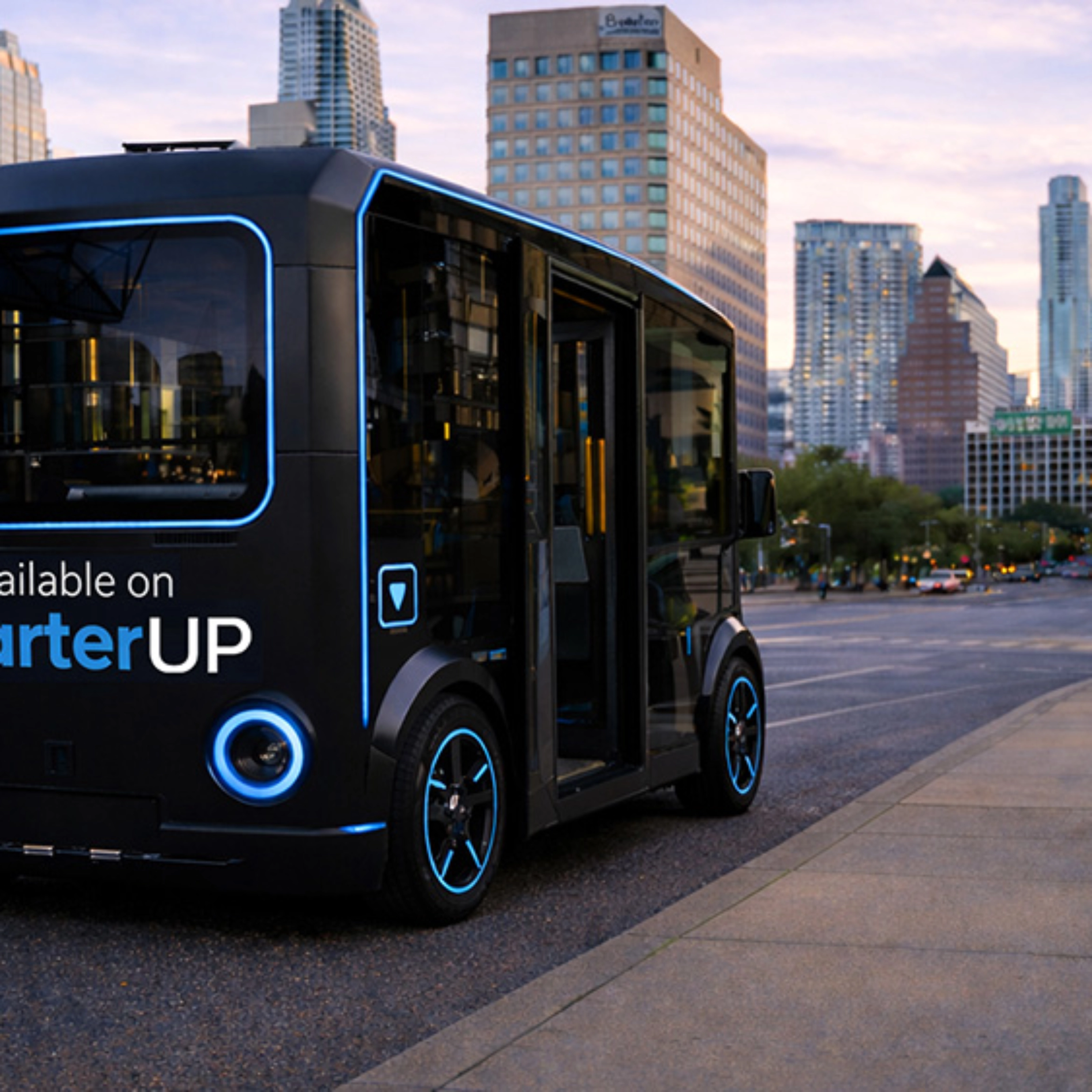 Small black electric shuttle bus with CharterUP logo in city street.