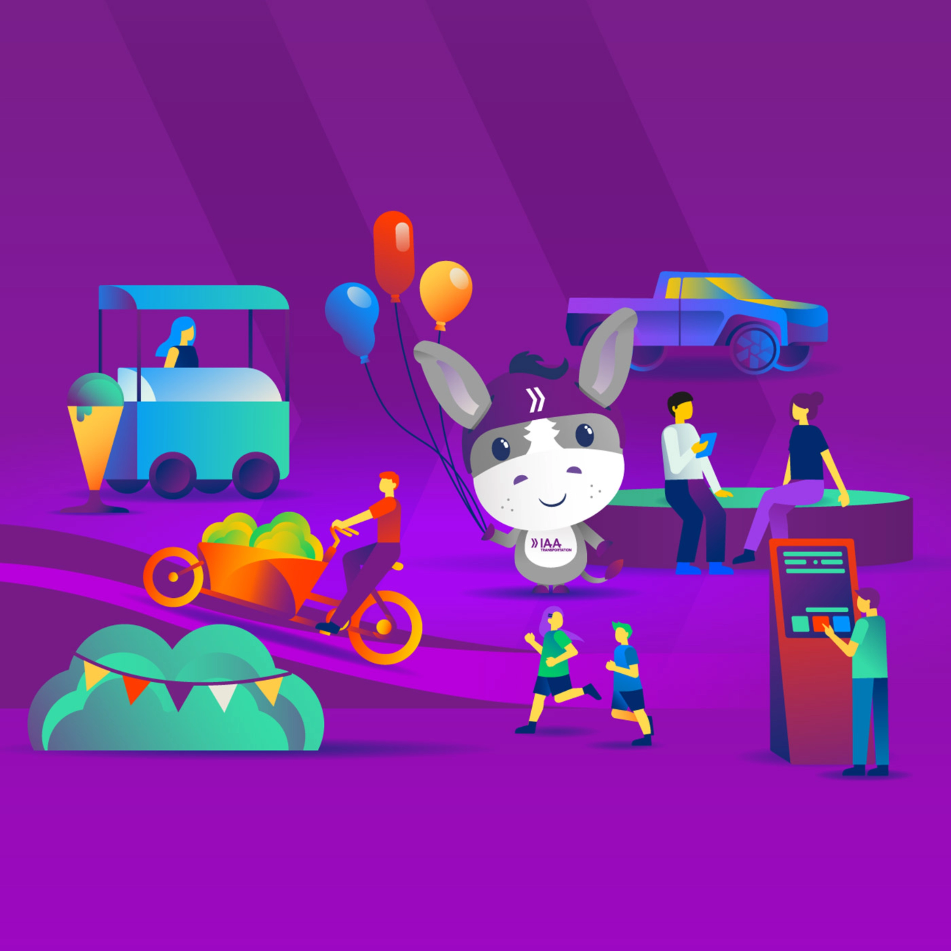 IAA-Maskottchen umgeben von Illustrationen zu Mobilität und Freizeitaktivitäten.