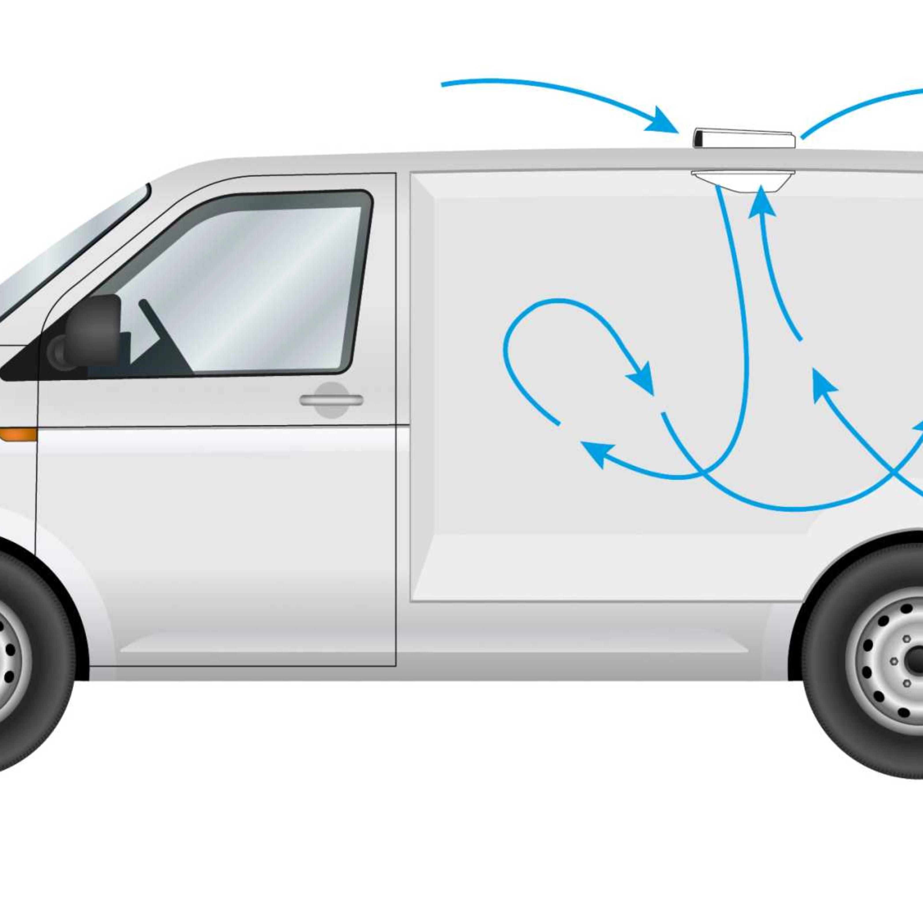 Side view of the front section of a white delivery van.