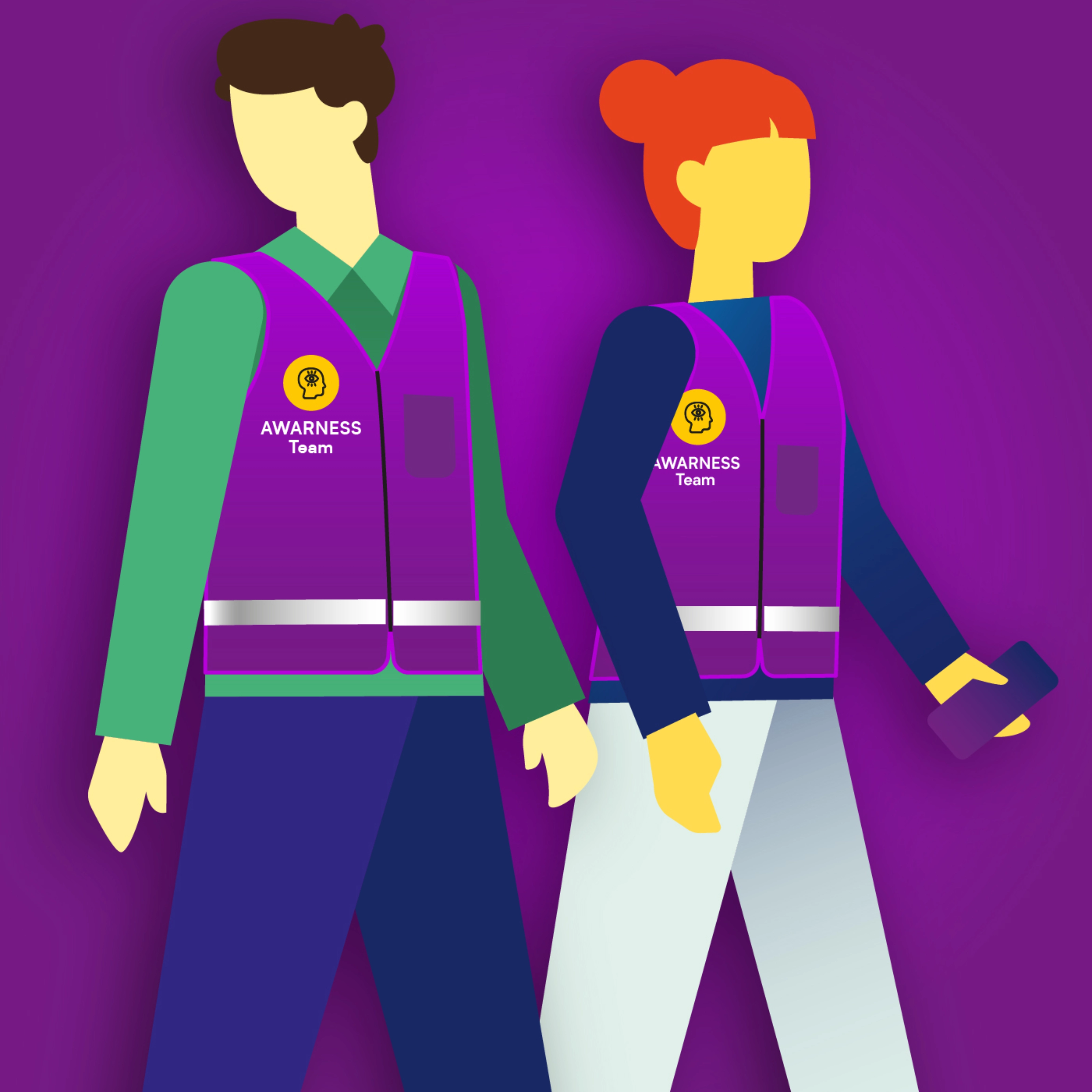 Illustration of two Awareness Team members wearing marked safety vests.