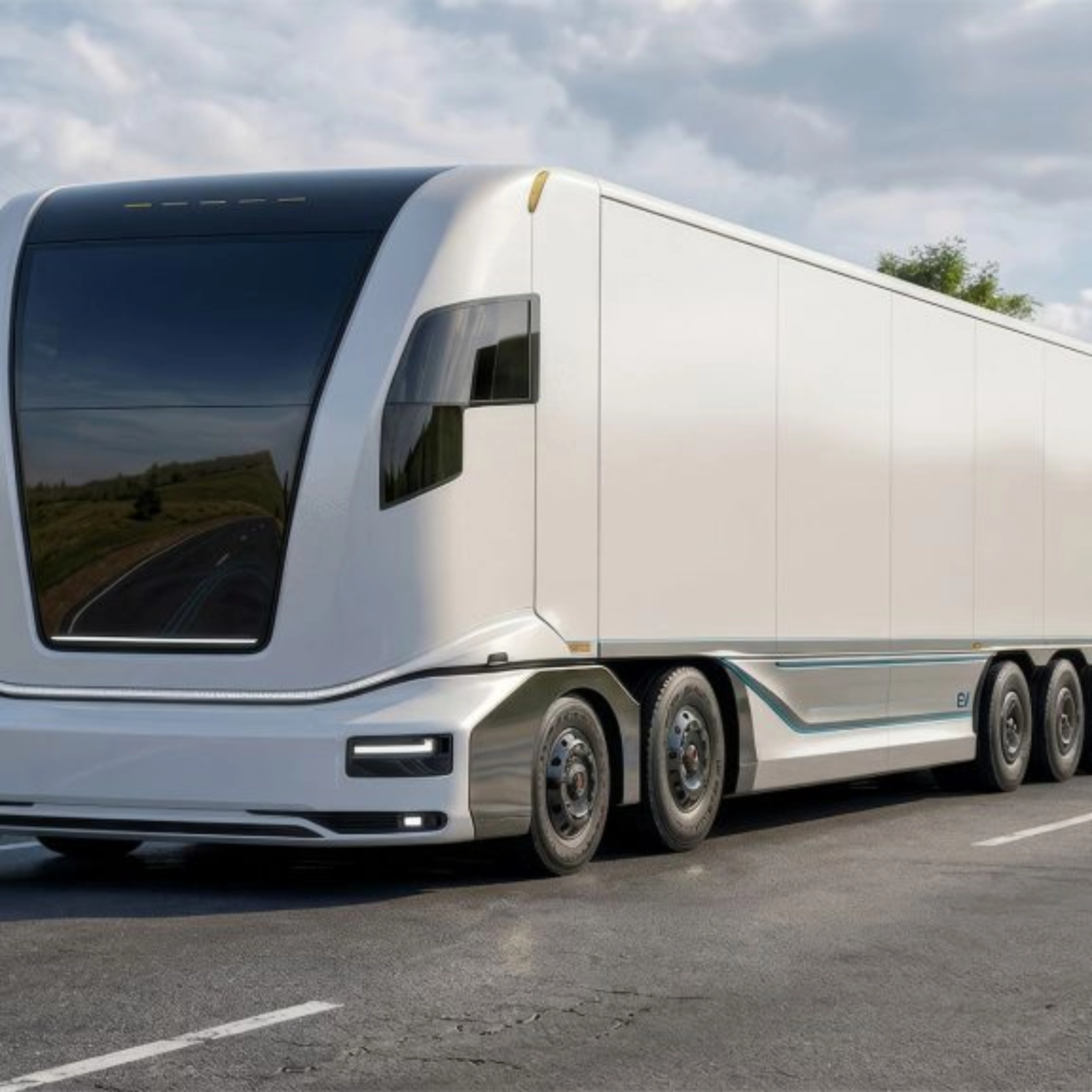 Futuristic electric semi-truck driving on a rural road.