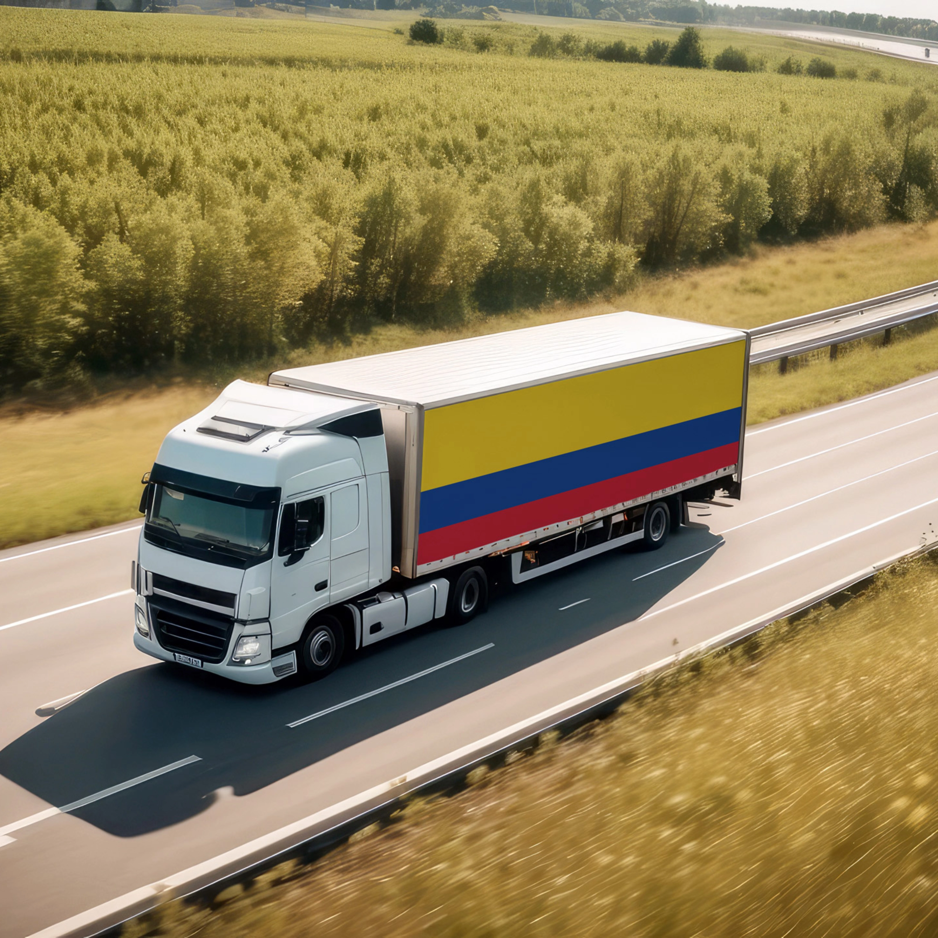 Lastwagen fährt auf einer Autobahn durch eine ländliche Landschaft.