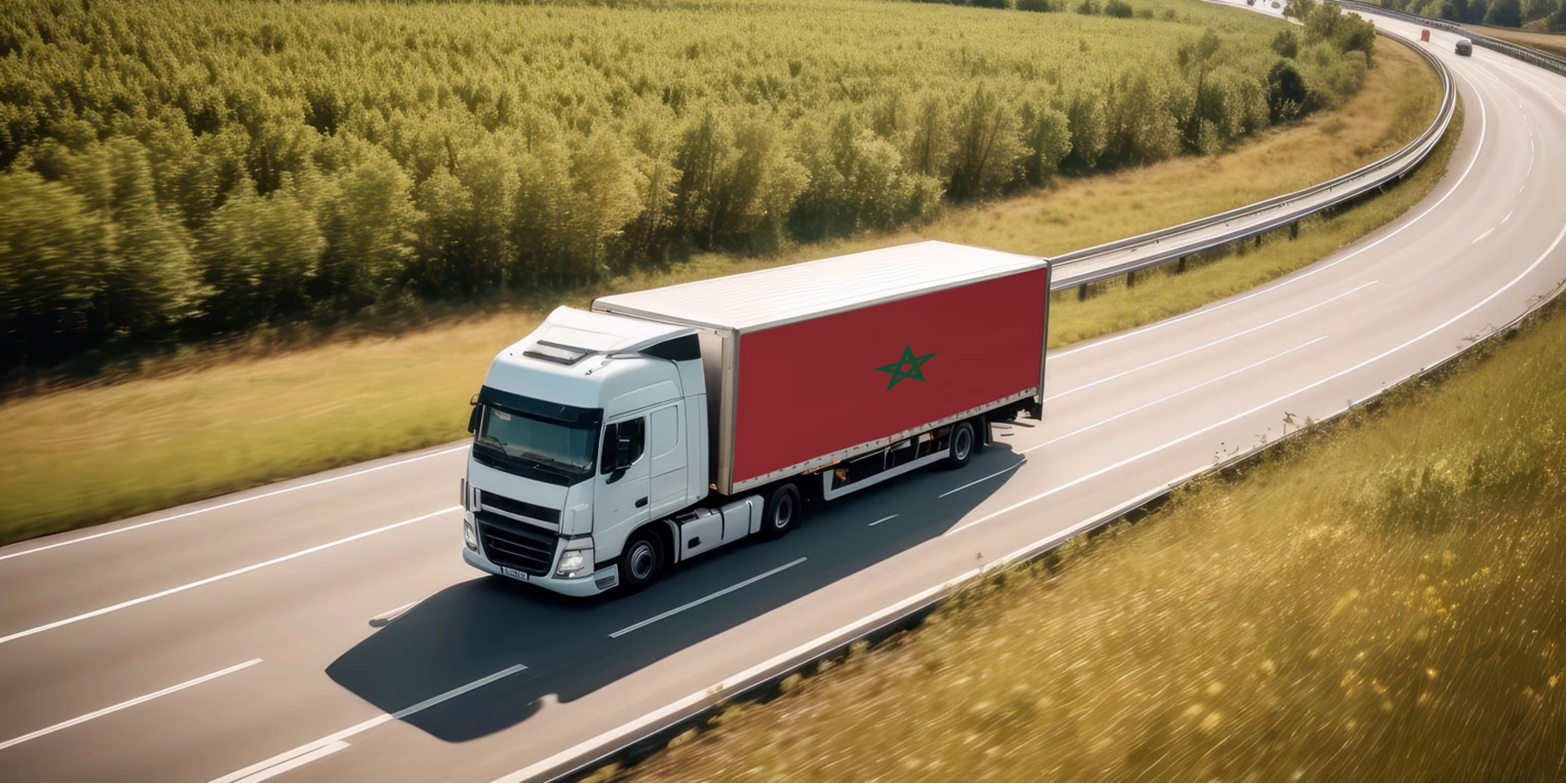 White truck with red trailer driving on a highway through open countryside.