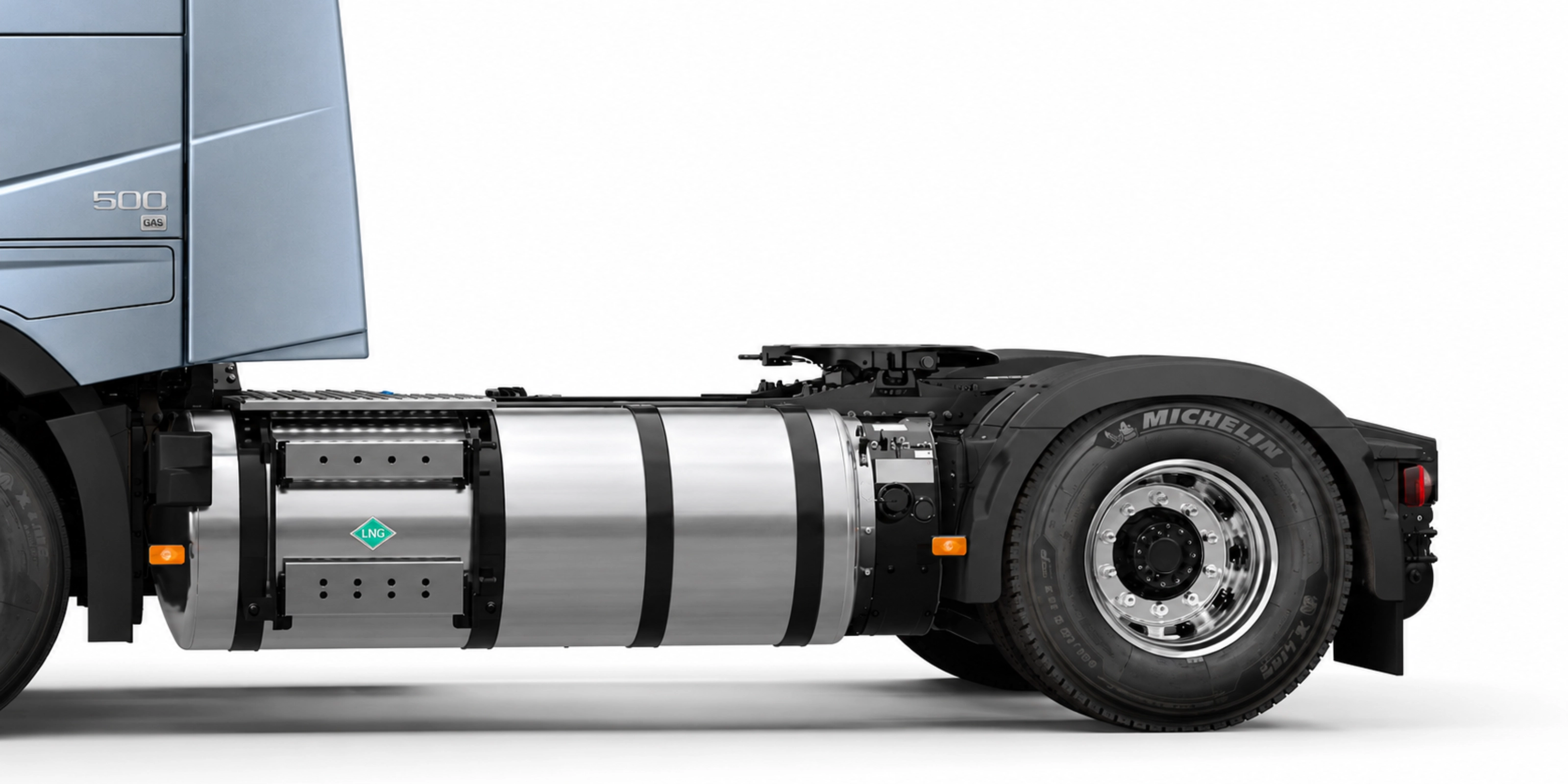 Side view of a truck chassis with a large LNG fuel tank.