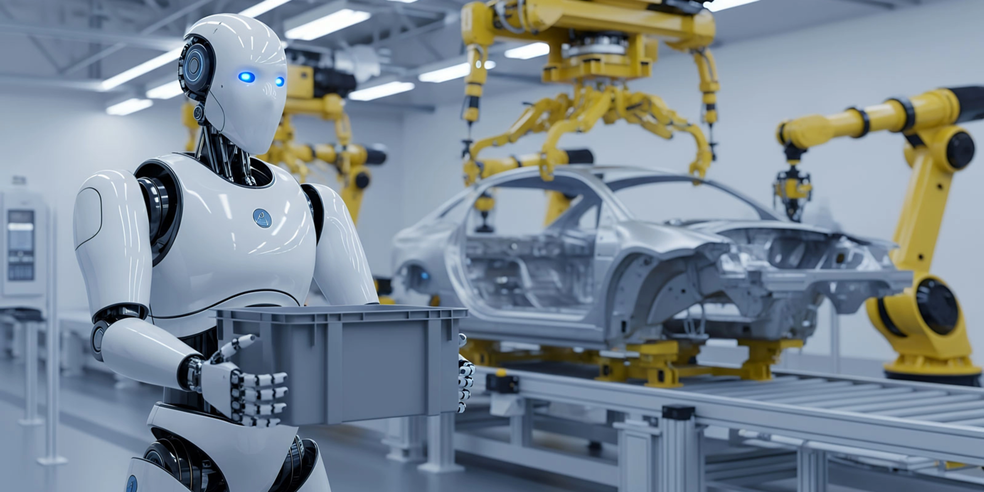 Humanoid robot works on a car body in an automated factory.