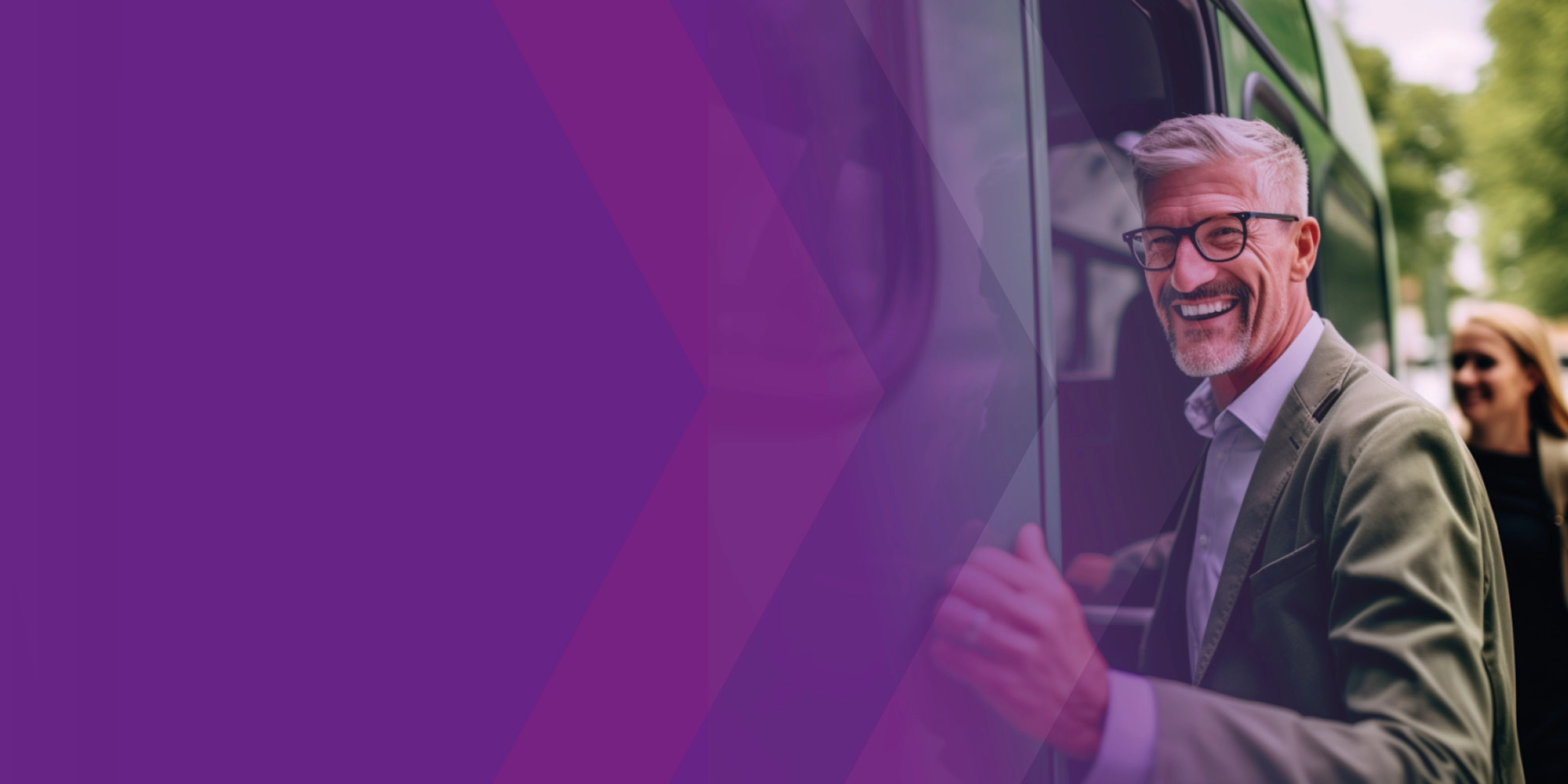 Smiling man boarding a bus, purple overlay on the left.