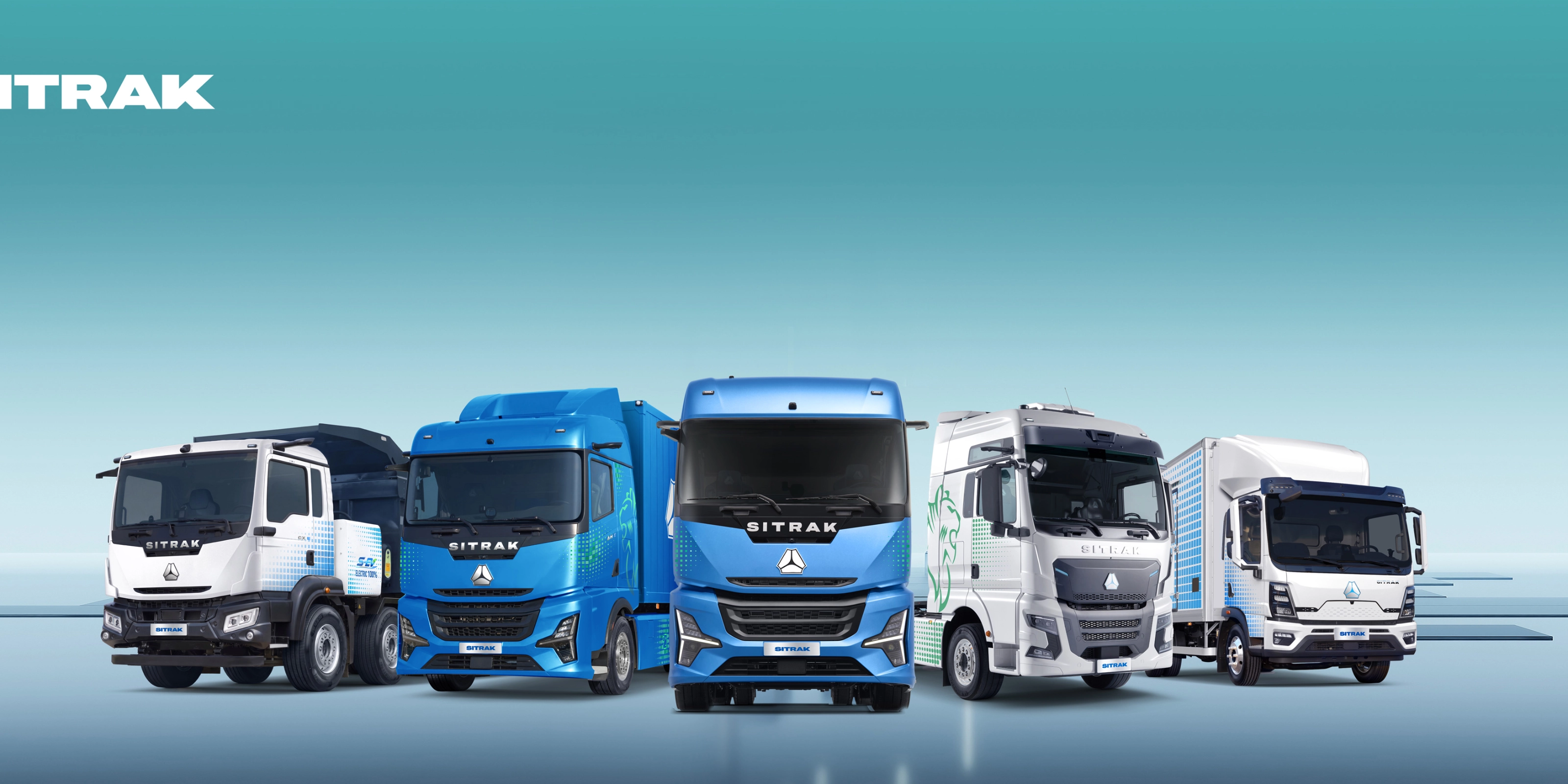 Five SITRAK trucks of different sizes displayed side by side.