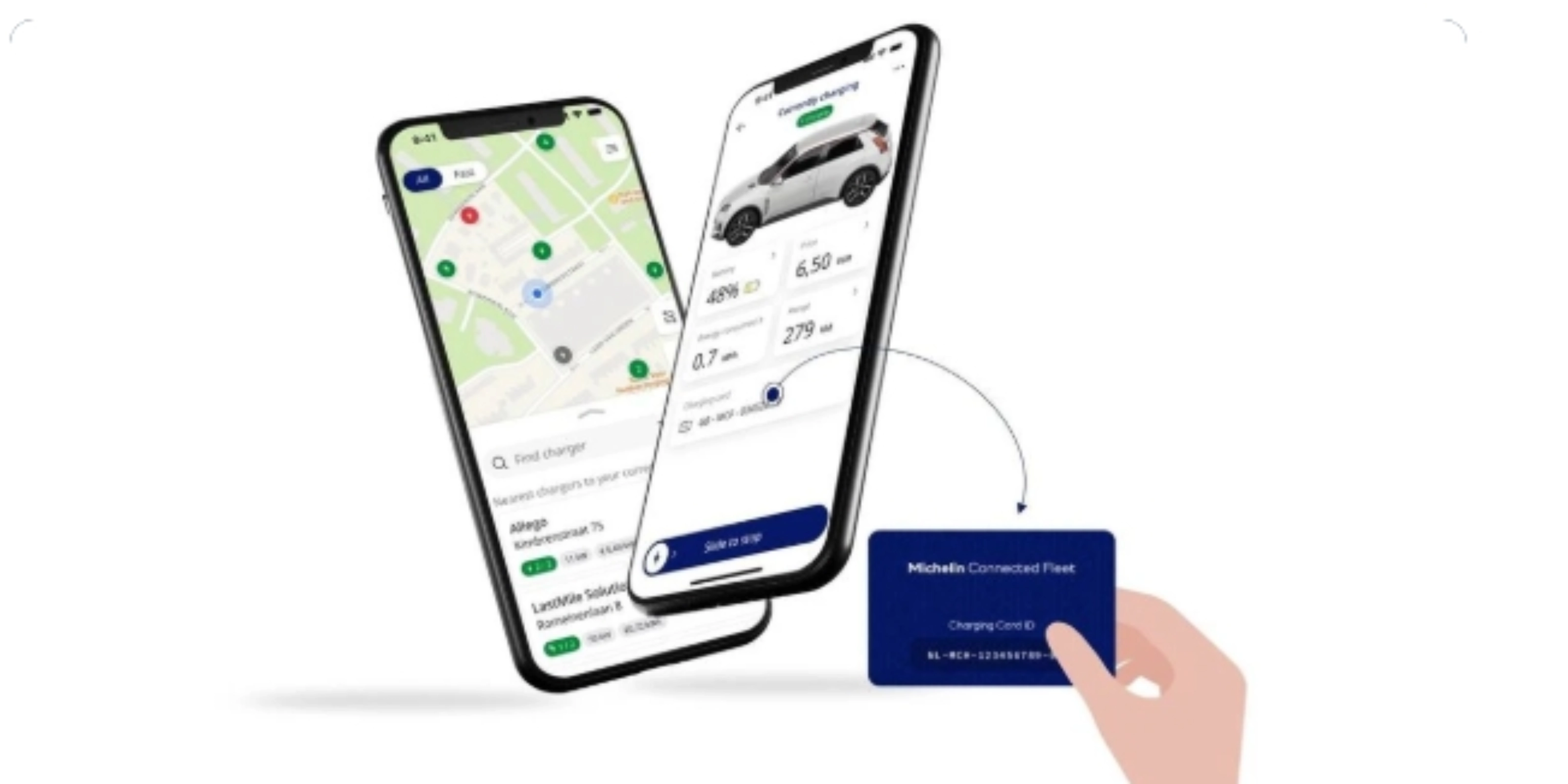 Two smartphones showing a map and vehicle details, with a hand holding a blue card.