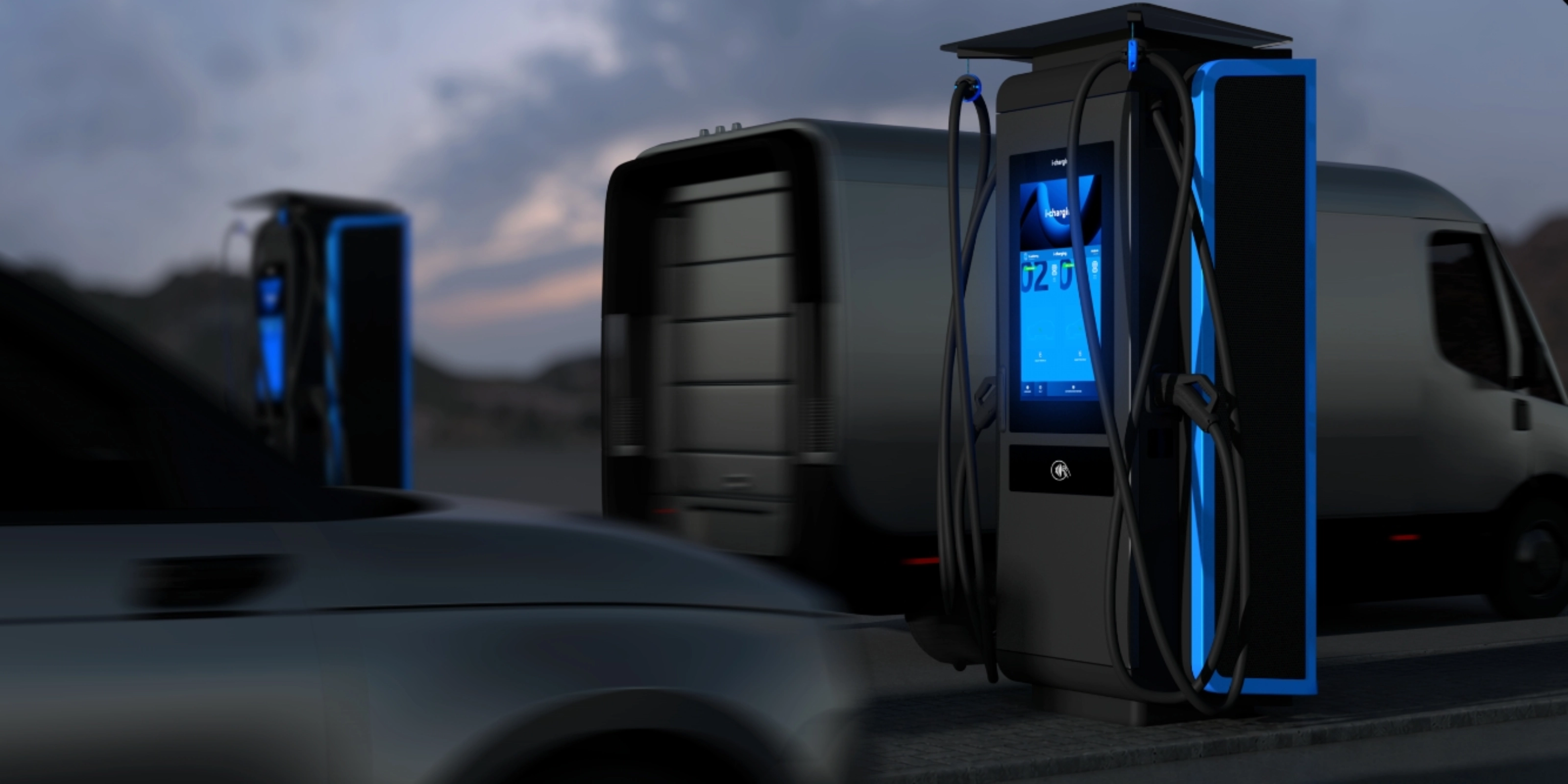 Electric vehicle charging station by roadside with passing vehicles.