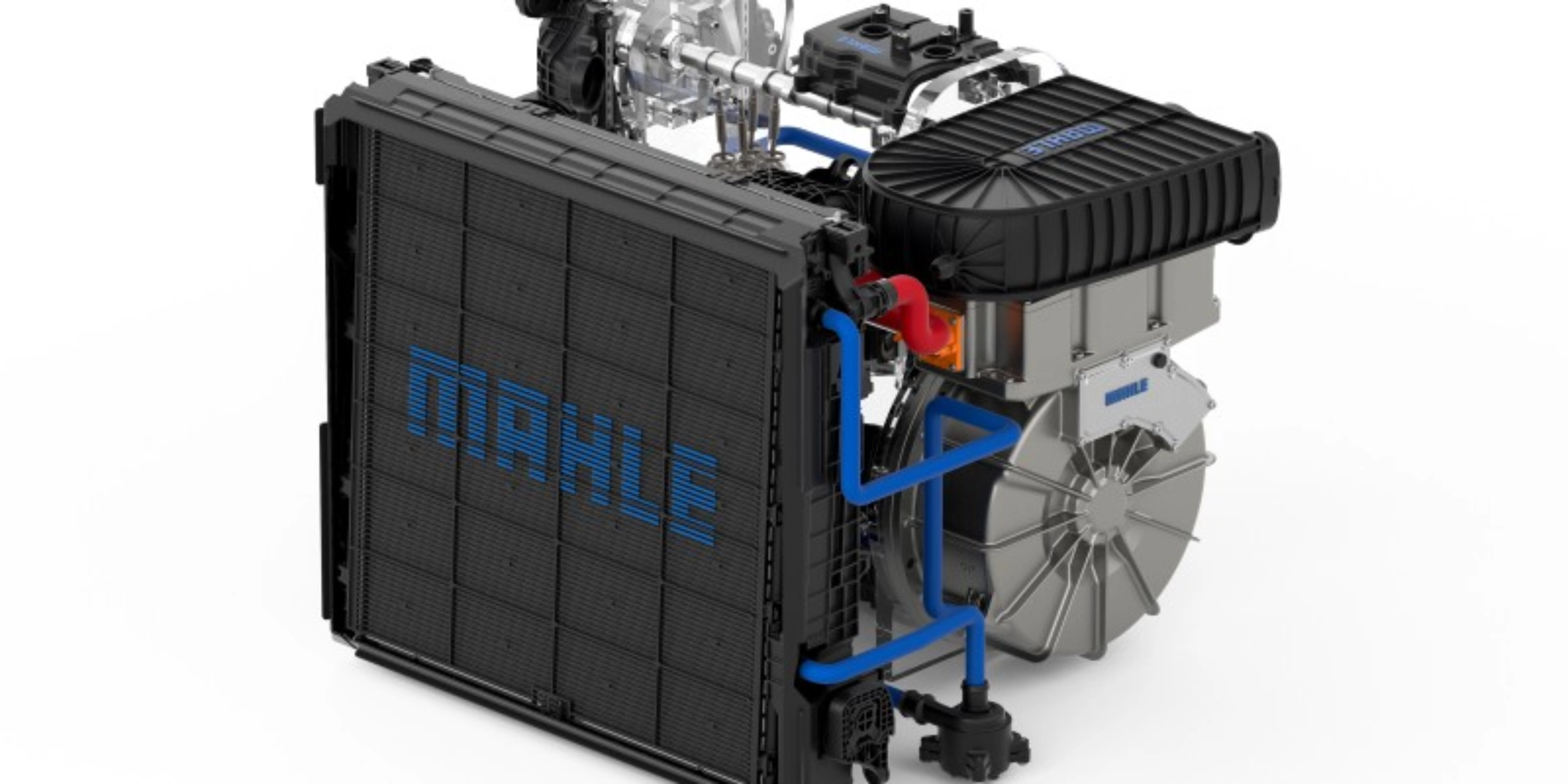 MAHLE electric drive unit with cooling module shown on a white background.