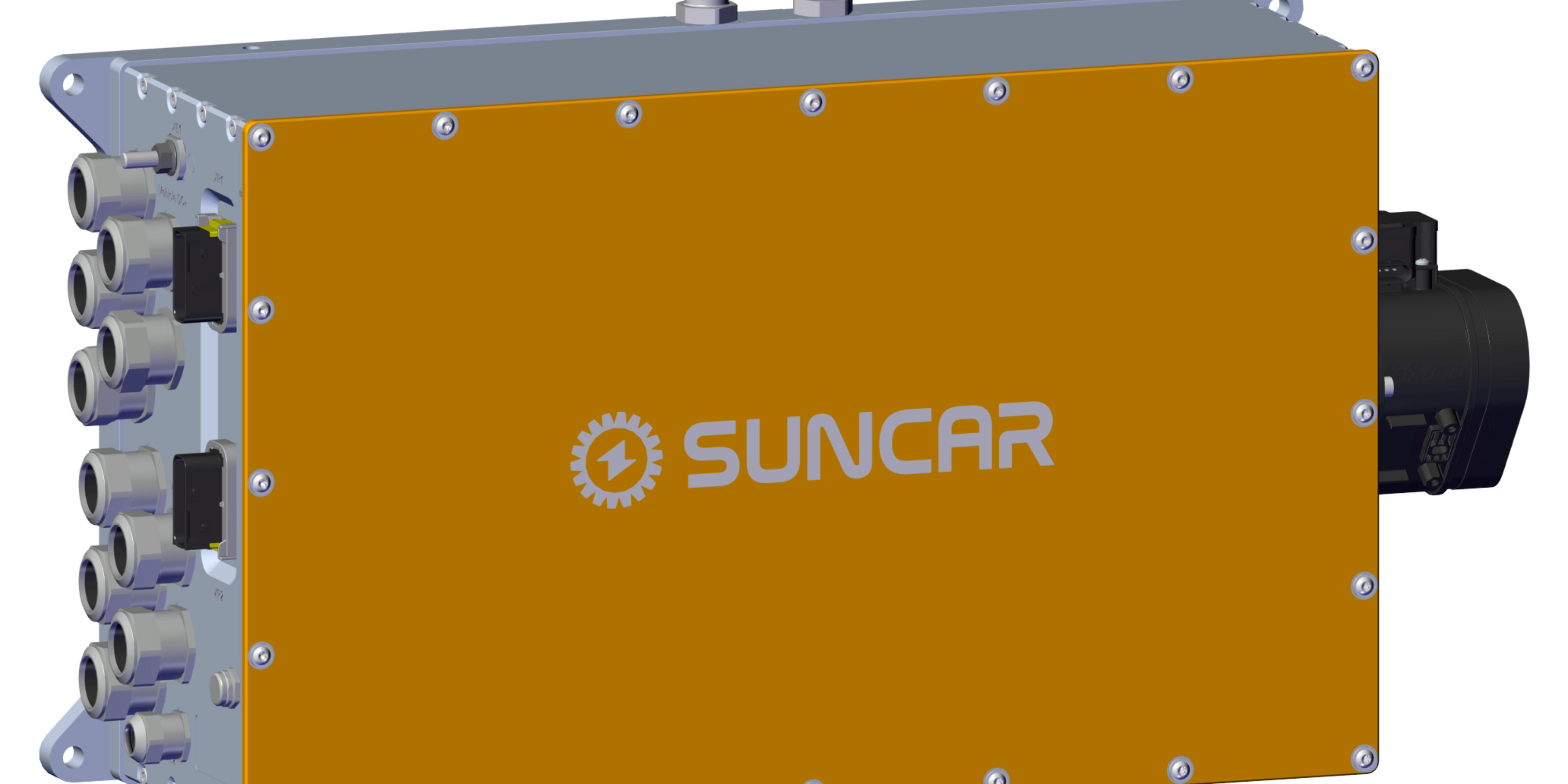Ein SUNCAR-Steuergerät mit orangefarbener Abdeckung vor weißem Hintergrund.