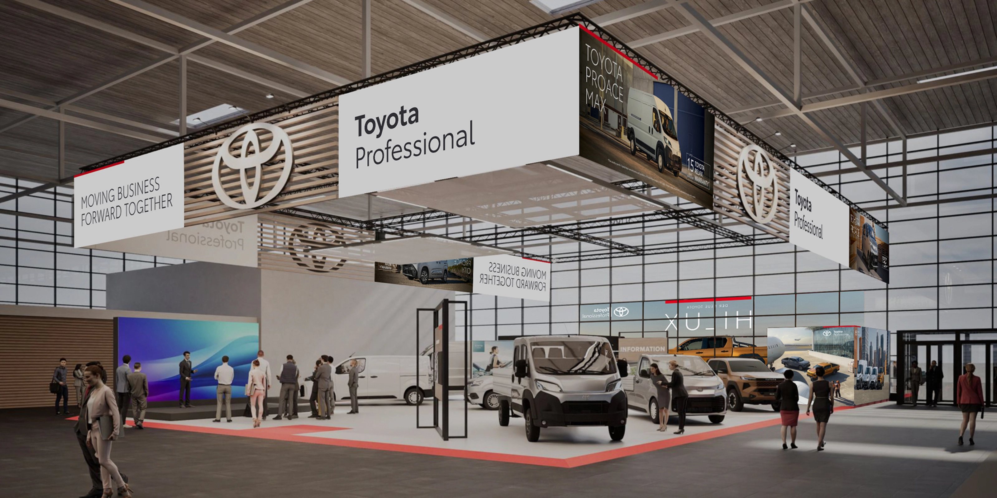 Toyota Professional exhibition stand with commercial vehicles and visitors at a trade fair.