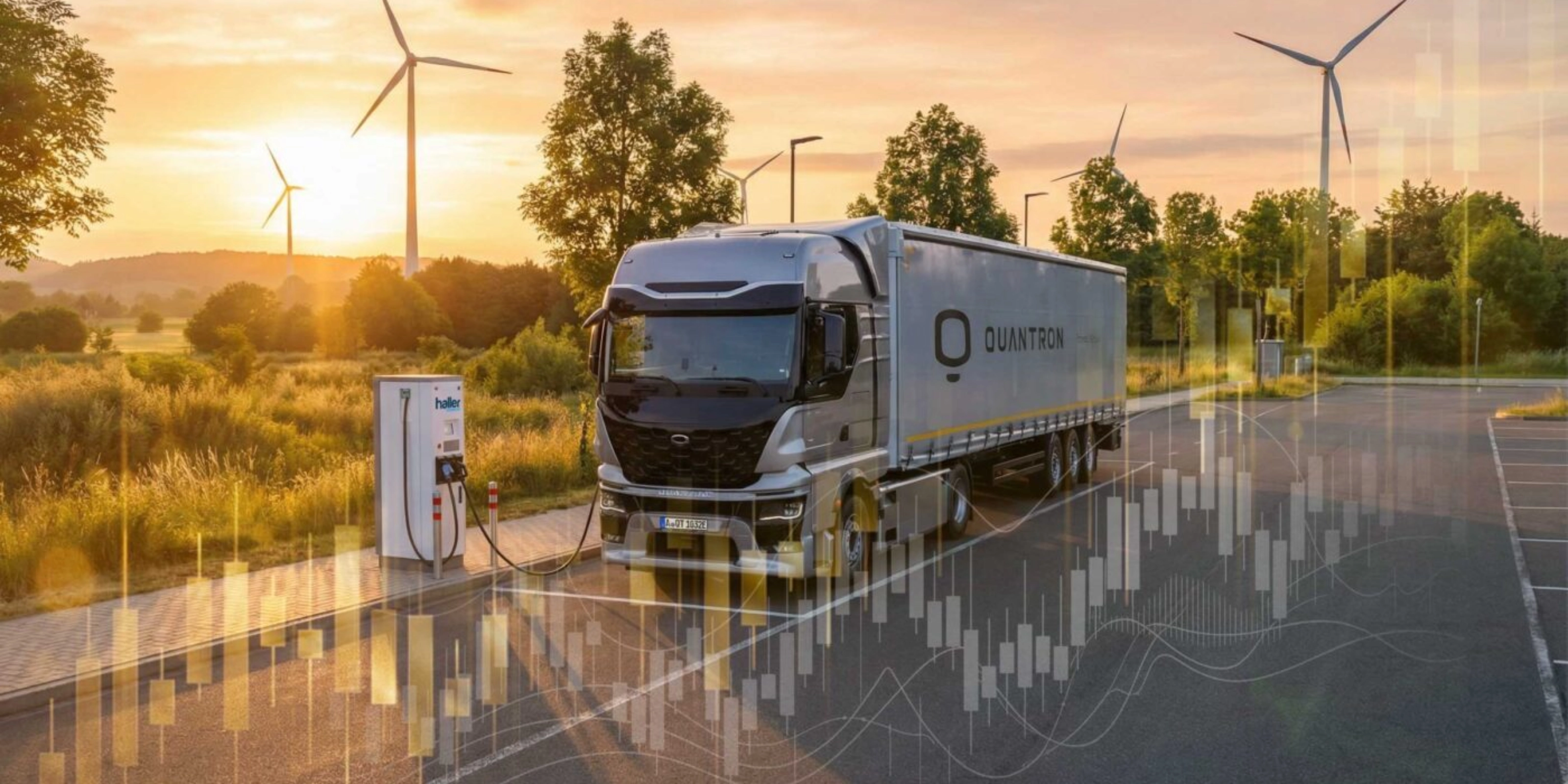 Quantron electric truck at a charging station with wind turbines and financial charts.