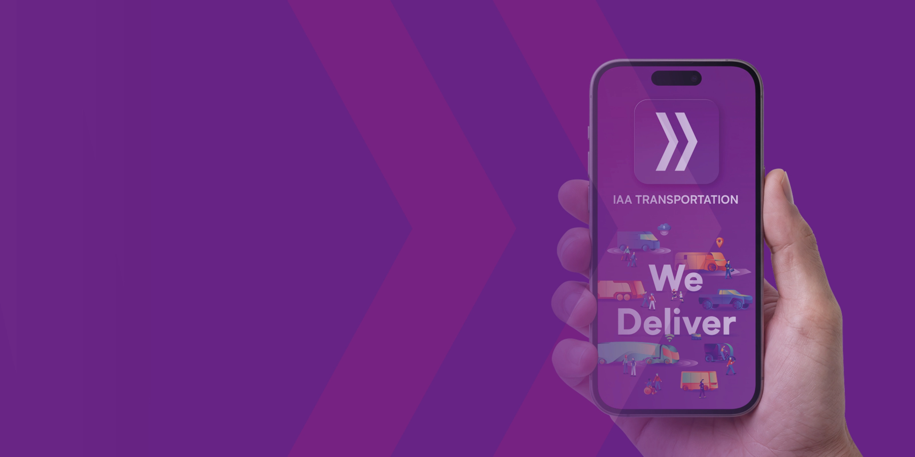 Eine Person hält ein Smartphone mit einer bunten App-Oberfläche und dem Text IAA.