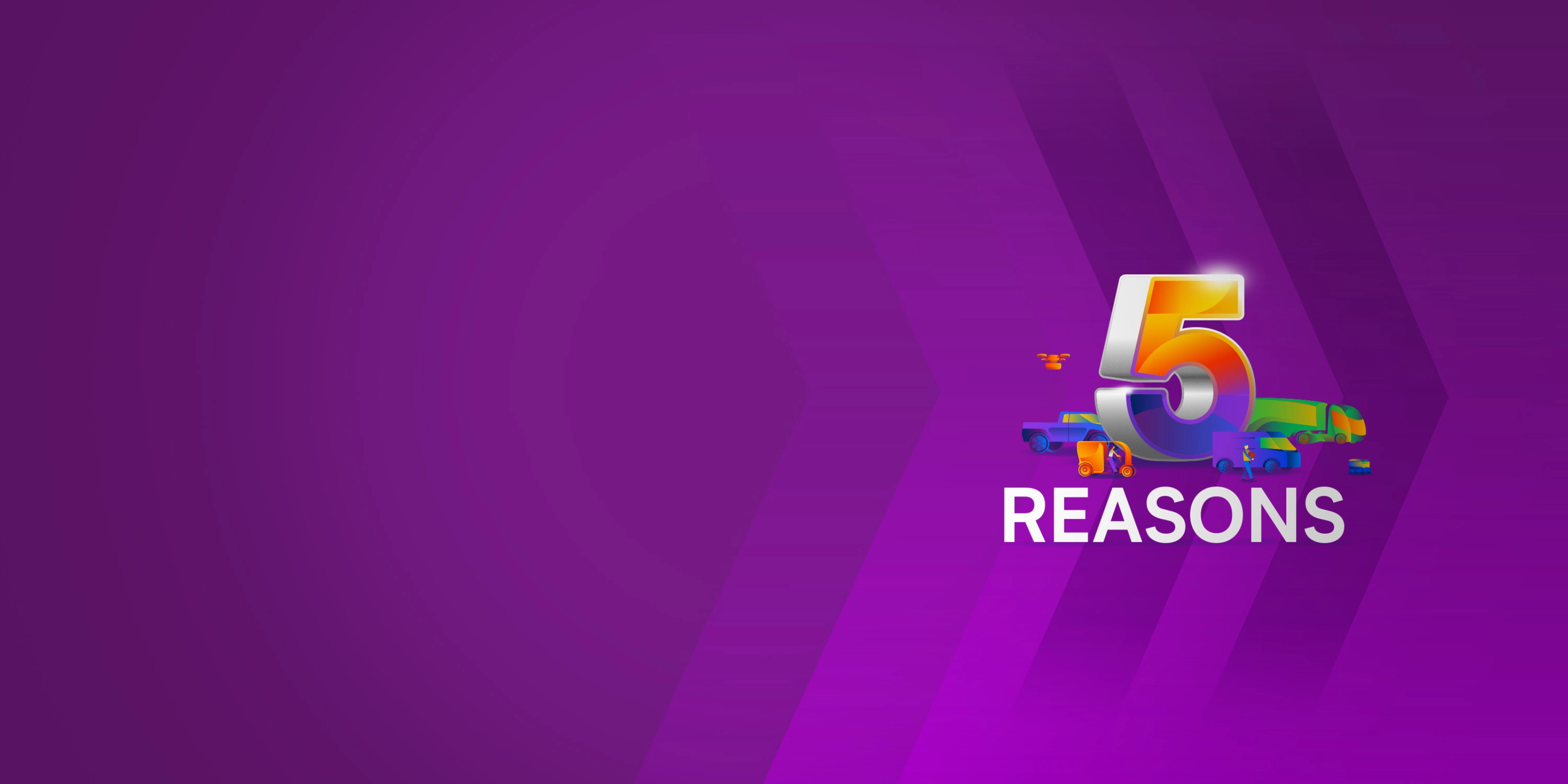 Große Zahl 5 mit Fahrzeugen und dem Wort Reasons auf lila Hintergrund