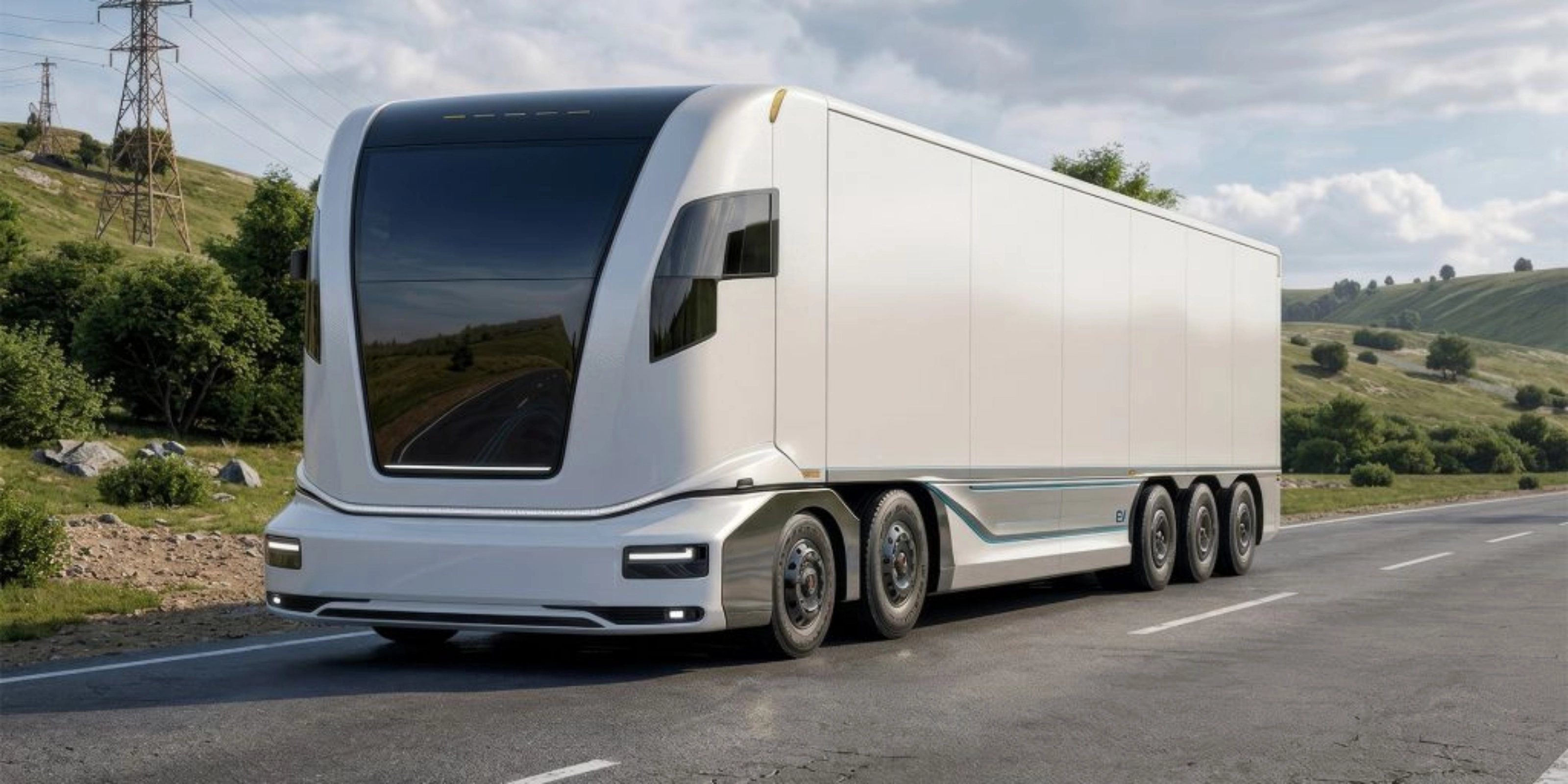Futuristic electric semi-truck driving on a rural road.