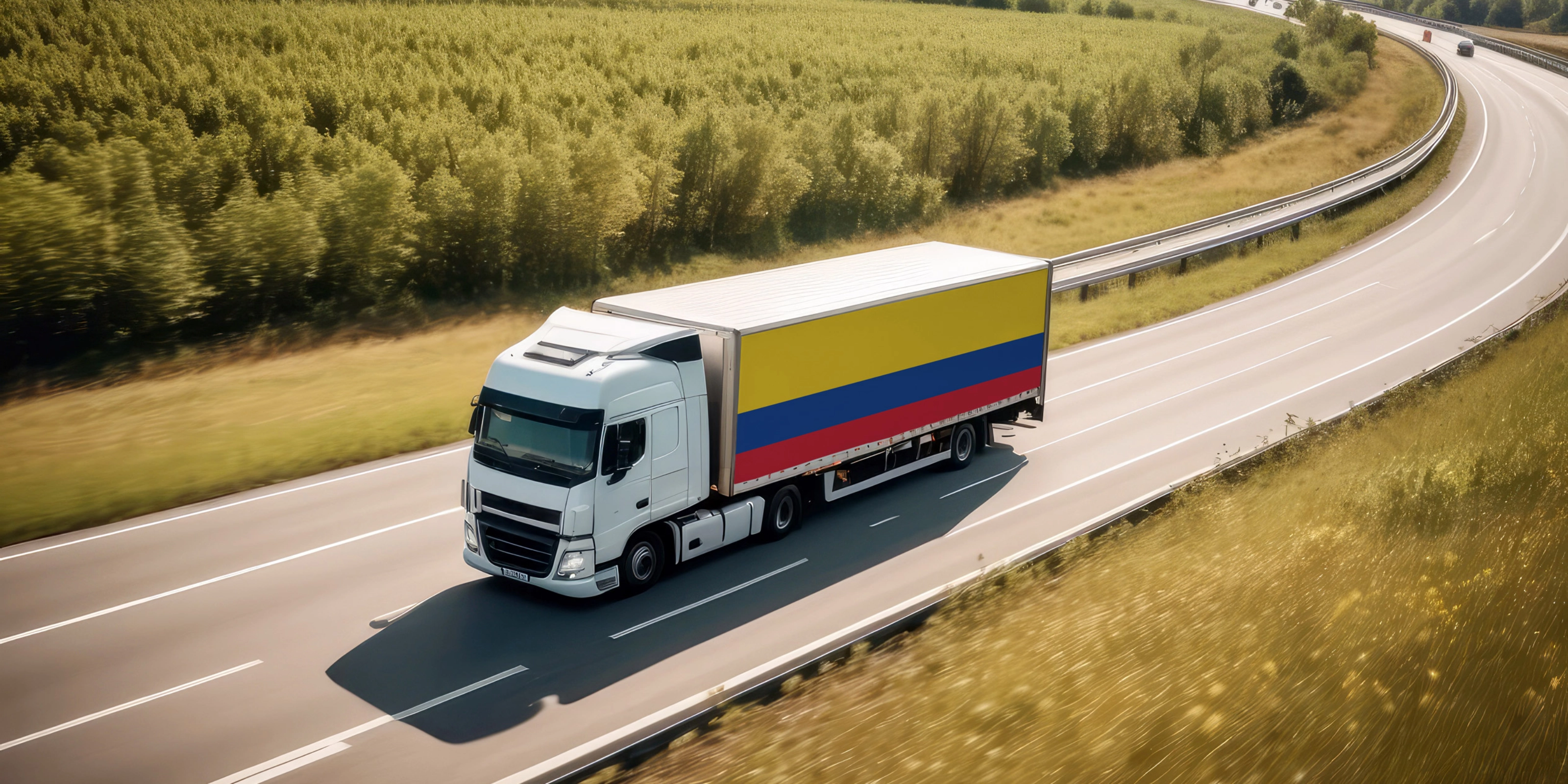 Lastwagen fährt auf einer Autobahn durch eine ländliche Landschaft.