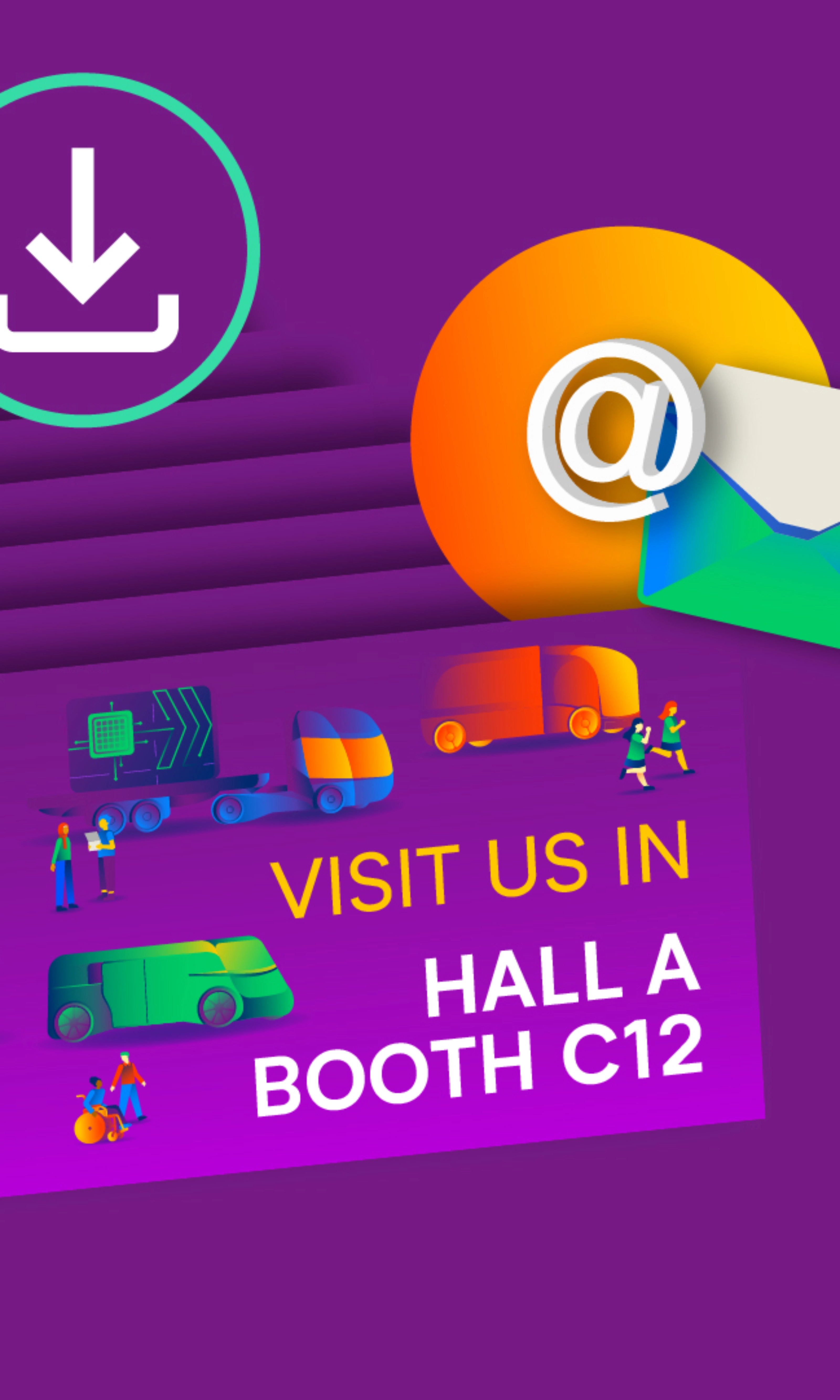 Trade fair banner with delivery vehicles and invitation to visit Hall A, Booth C12.