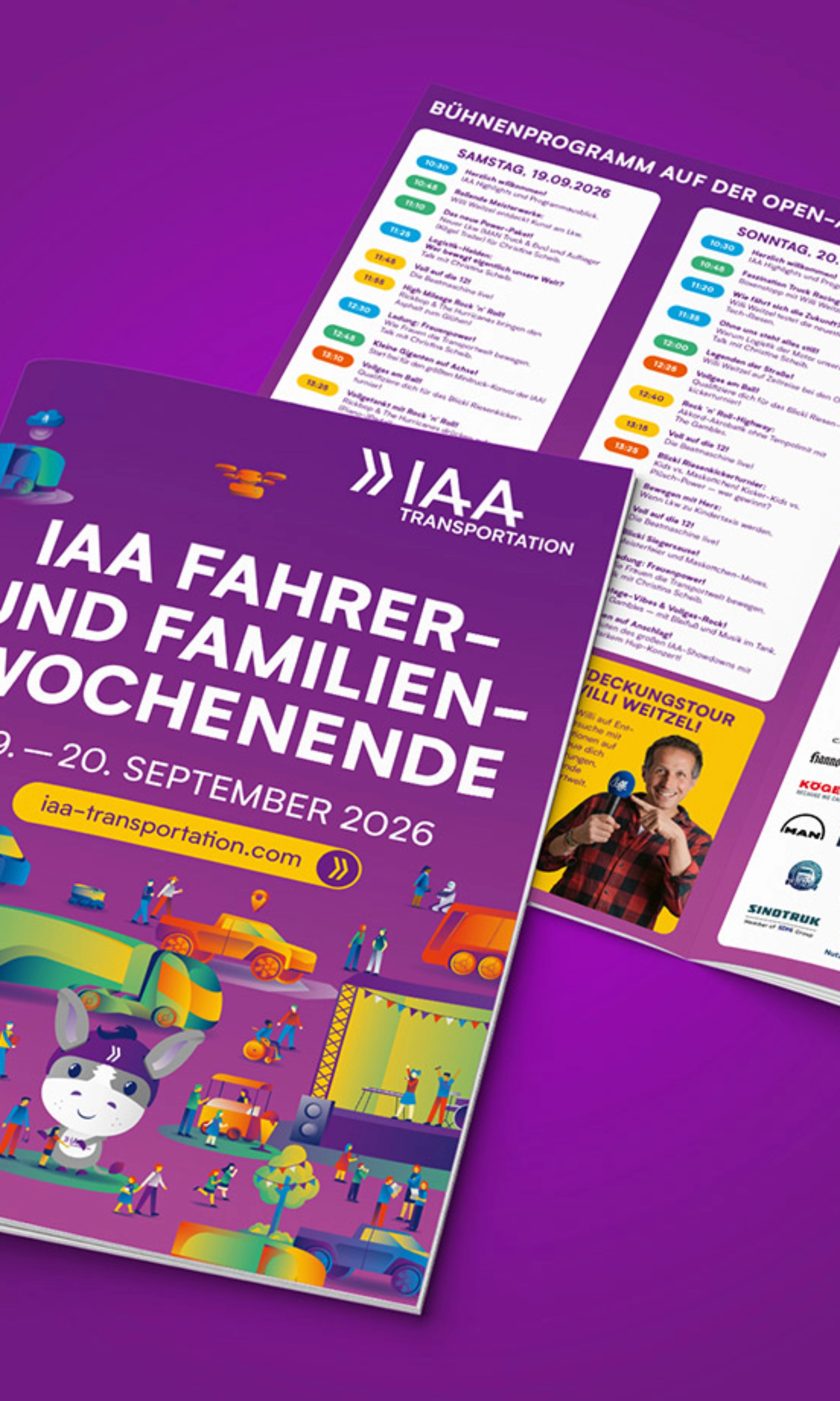 Flyer zum IAA Transportation Familienwochenende mit Terminen, Programm und Aktionen.
