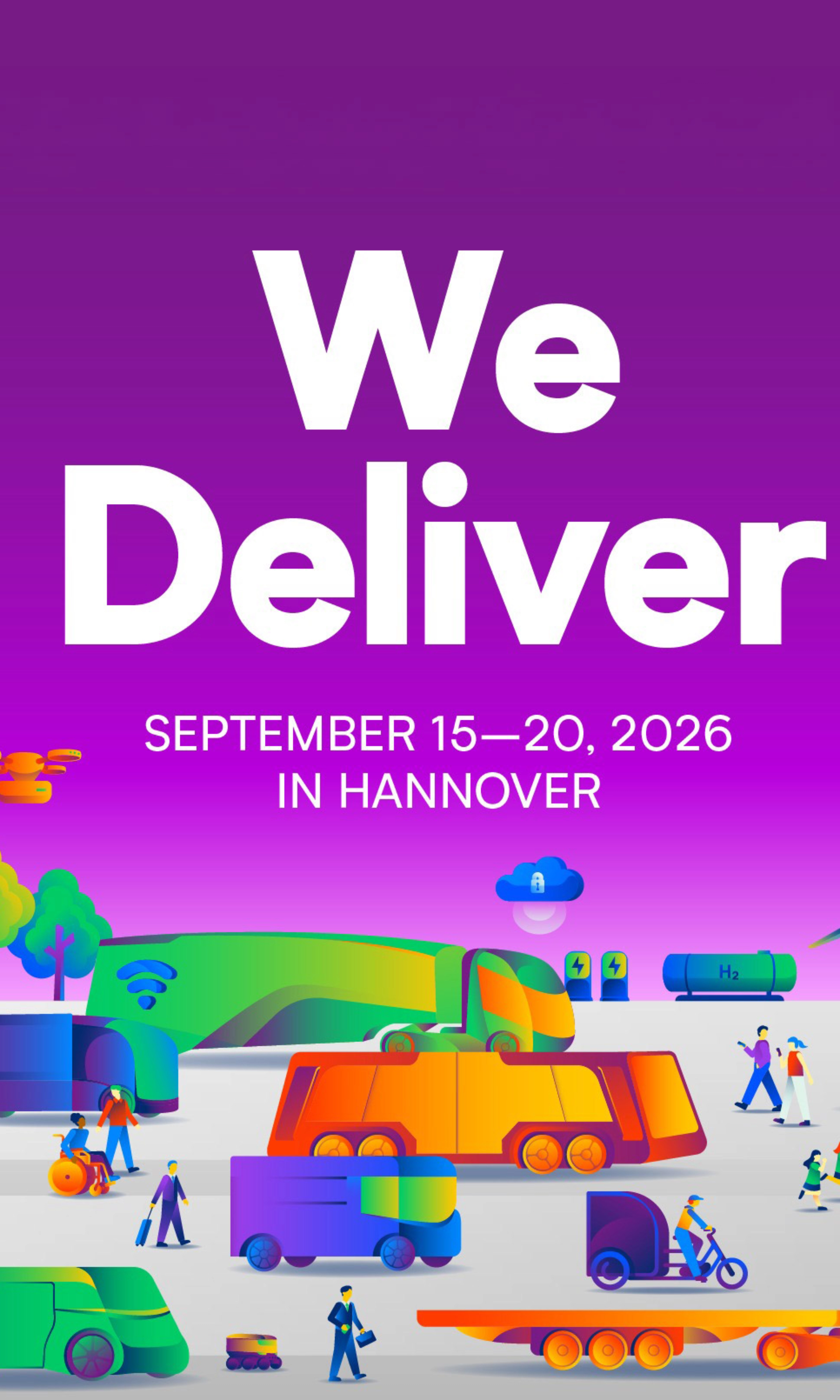 IAA TRANSPORTATION 2026 in Hannover mit Slogan We Deliver und Verkehrssymbolen.