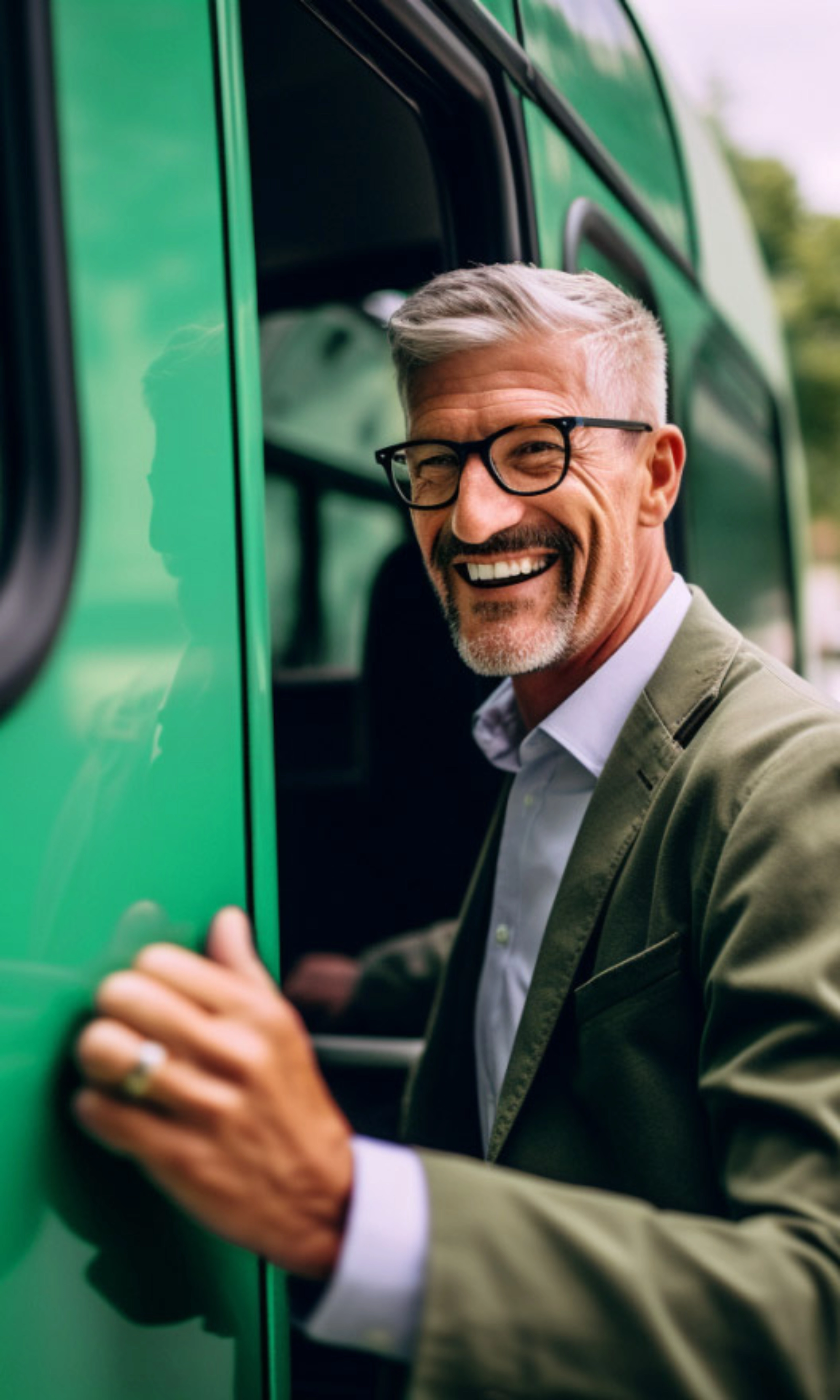 Smiling man with glasses boarding a green bus outdoors.