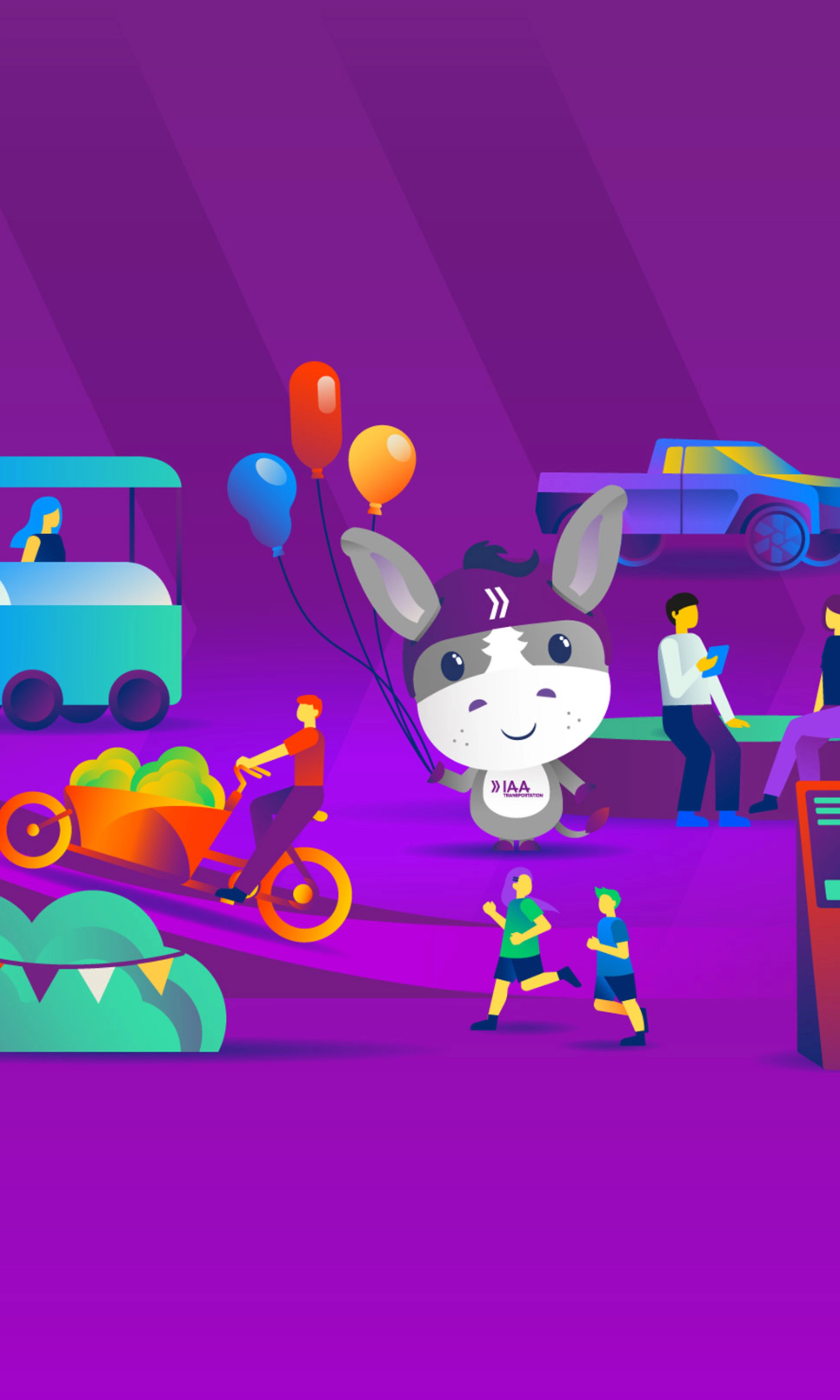 IAA-Maskottchen umgeben von Illustrationen zu Mobilität und Freizeitaktivitäten.