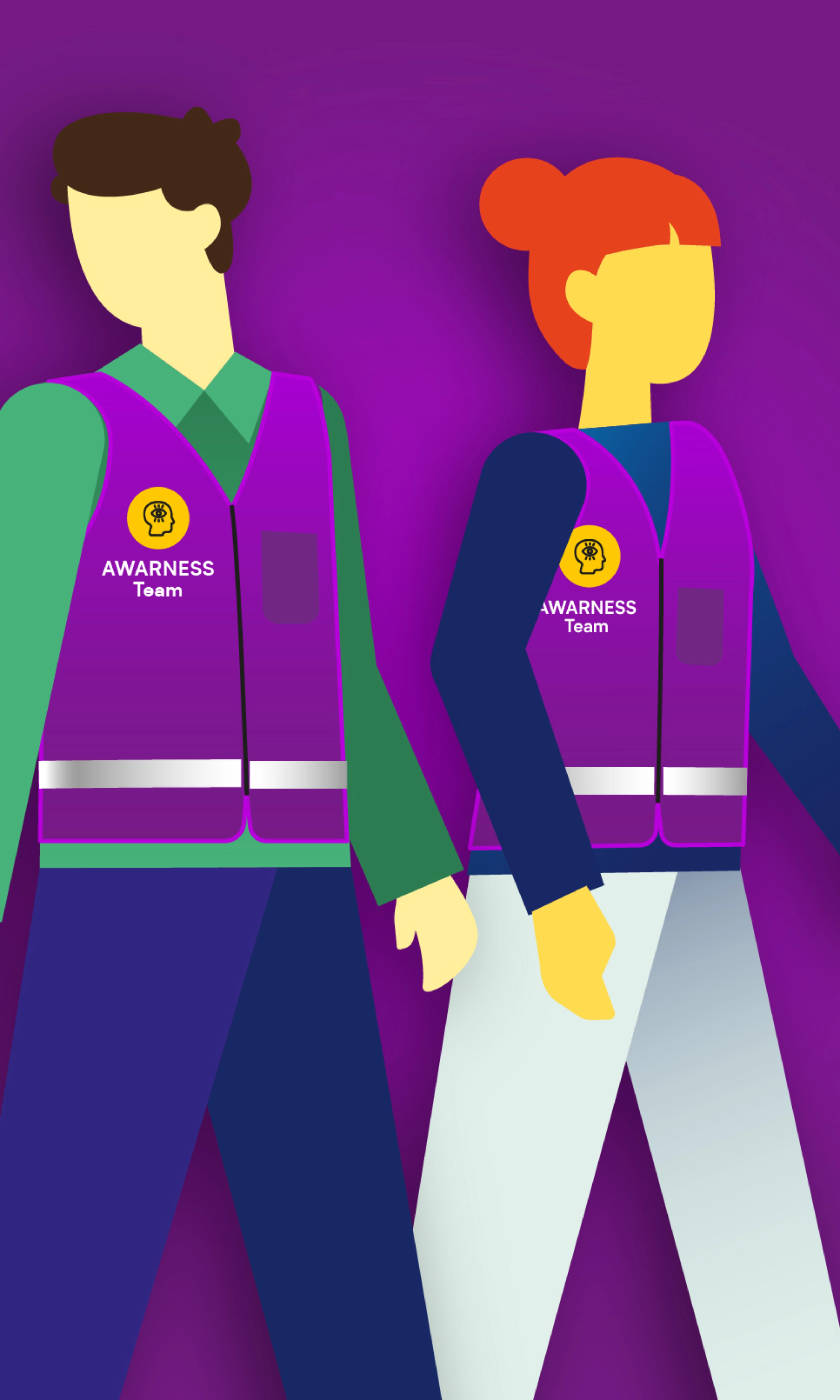 Illustration of two Awareness Team members wearing marked safety vests.