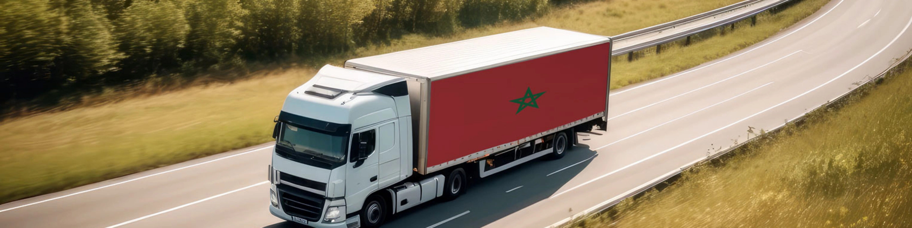 White truck with red trailer driving on a highway through open countryside.