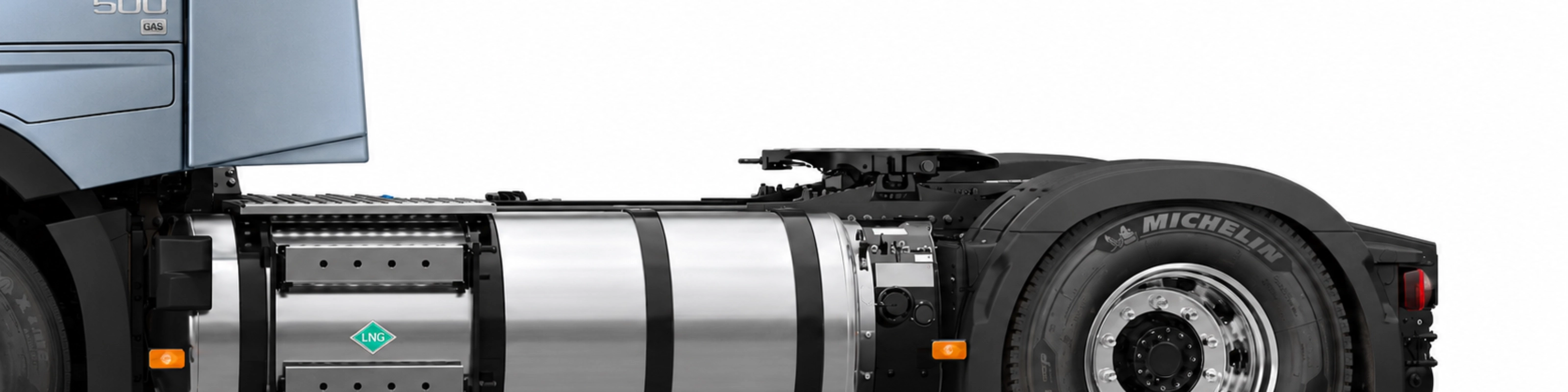 Side view of a truck chassis with a large LNG fuel tank.