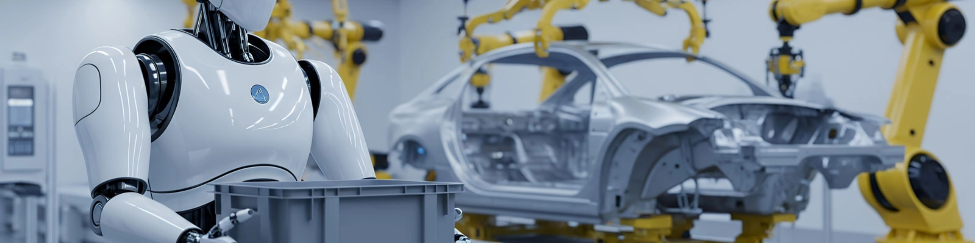 Humanoid robot works on a car body in an automated factory.