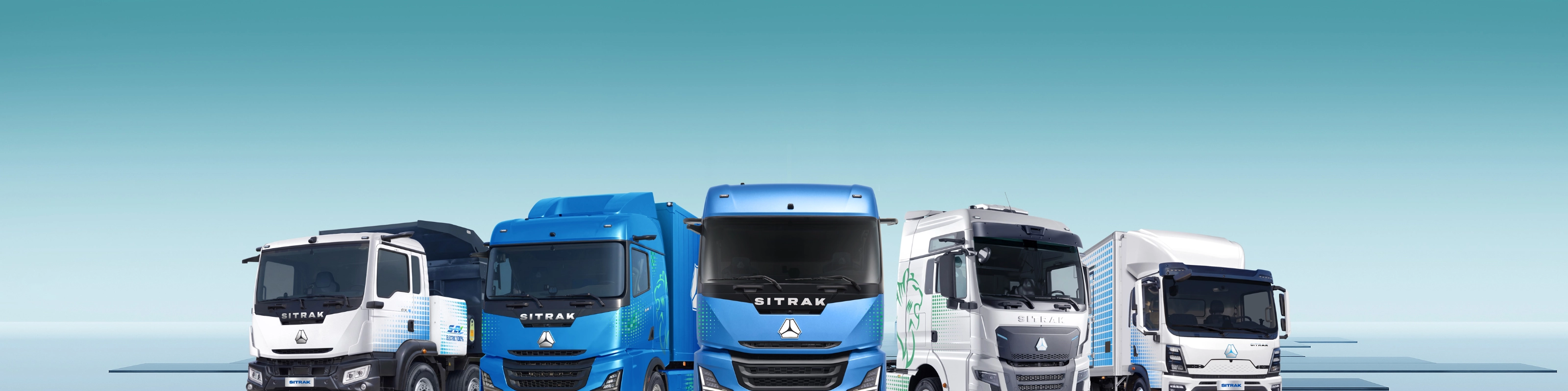 Five SITRAK trucks of different sizes displayed side by side.