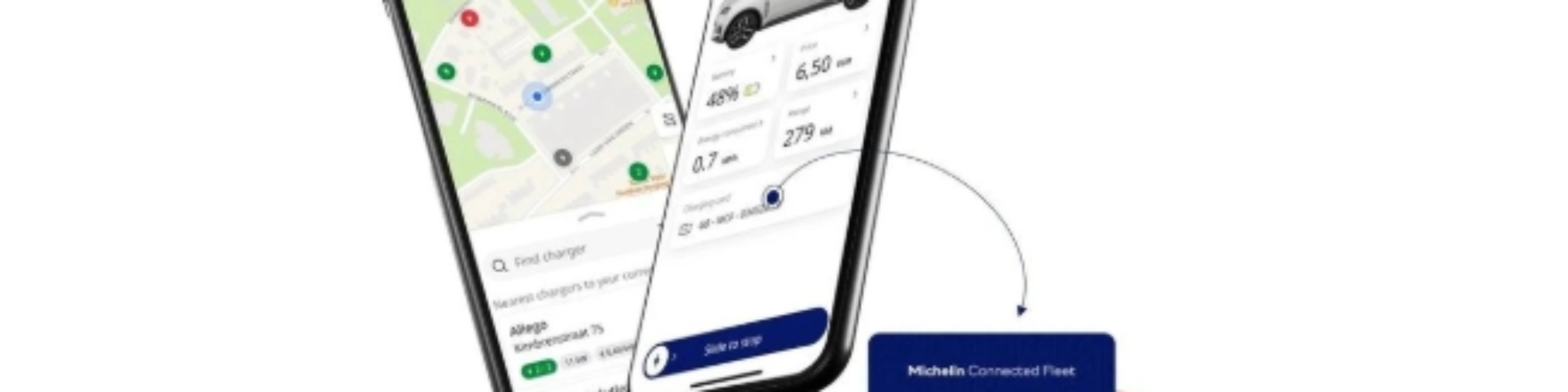 Two smartphones showing a map and vehicle details, with a hand holding a blue card.