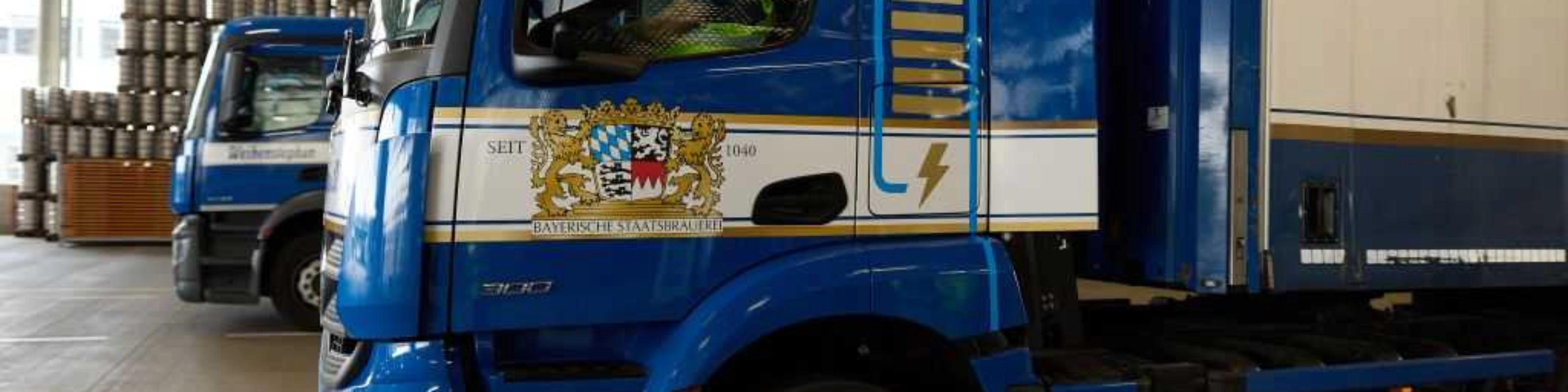 Lastwagen steht in einer Logistikhalle, Fahrer sitzt im Führerhaus.