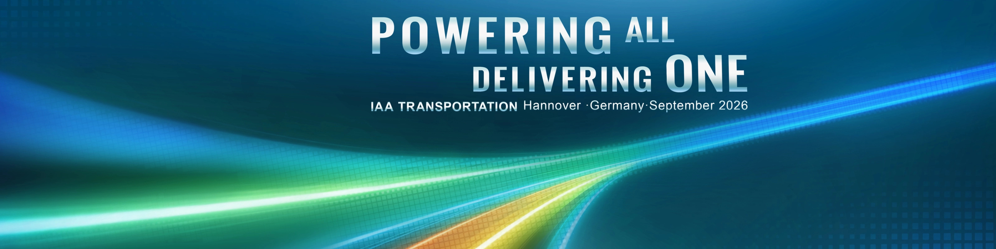 IAA Transportation 2026 graphic: “Powering All, Delivering One” with SDHI, Sinotruk, Weichai and Hande Axle.