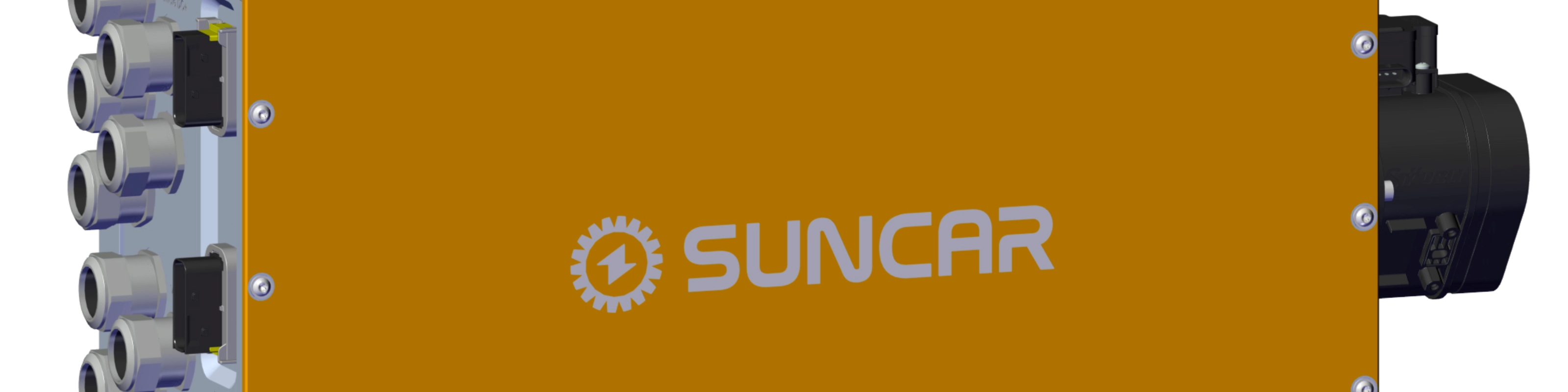 Ein SUNCAR-Steuergerät mit orangefarbener Abdeckung vor weißem Hintergrund.
