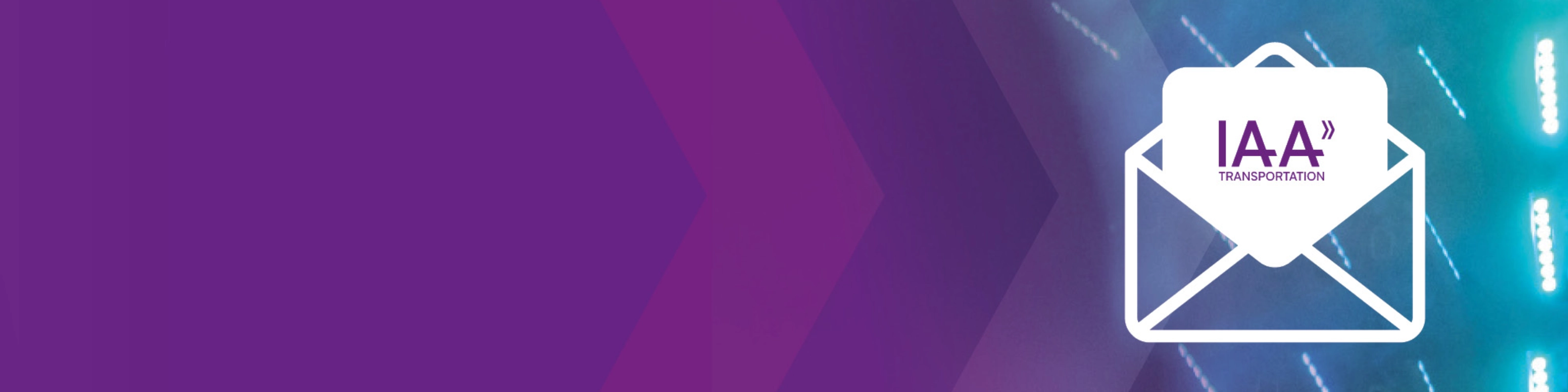 Briefumschlag-Symbol mit IAA Transportation Logo auf violettem Hintergrund.