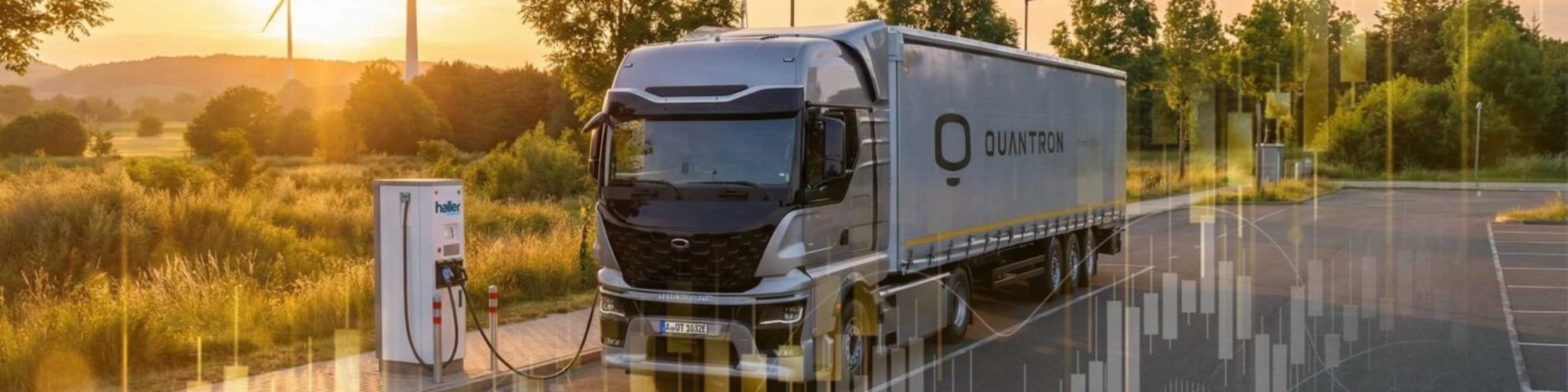 Quantron electric truck at a charging station with wind turbines and financial charts.