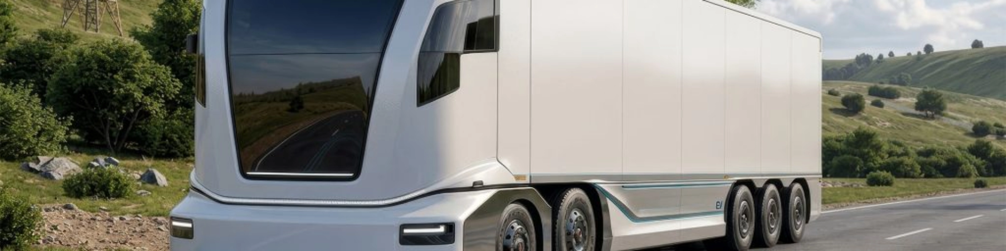 Futuristic electric semi-truck driving on a rural road.