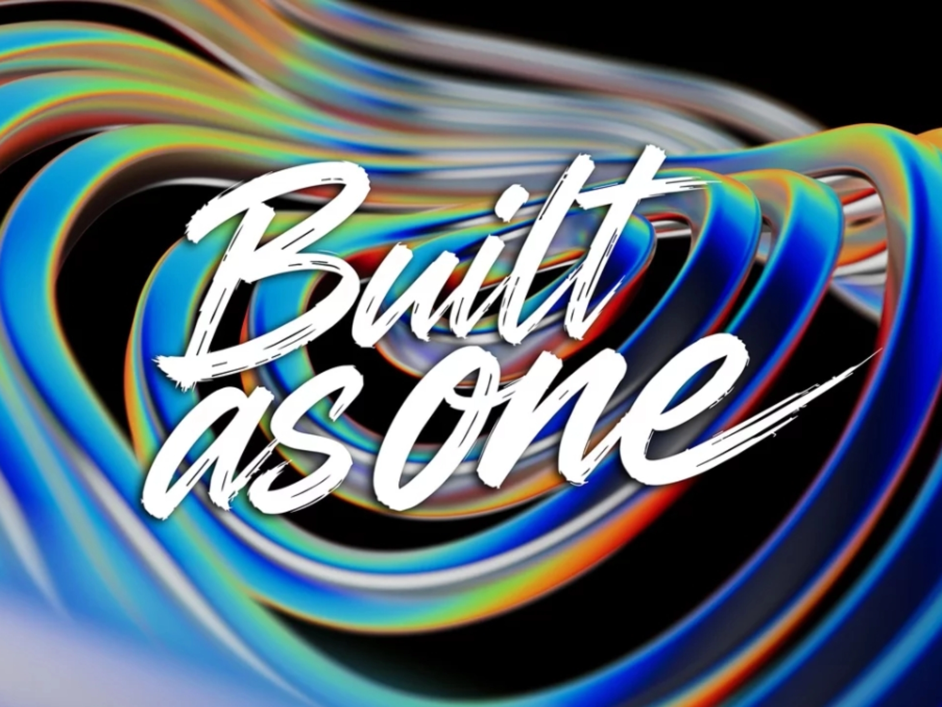 Stylized “Built as one” lettering over abstract flowing ribbon shapes on a dark background.