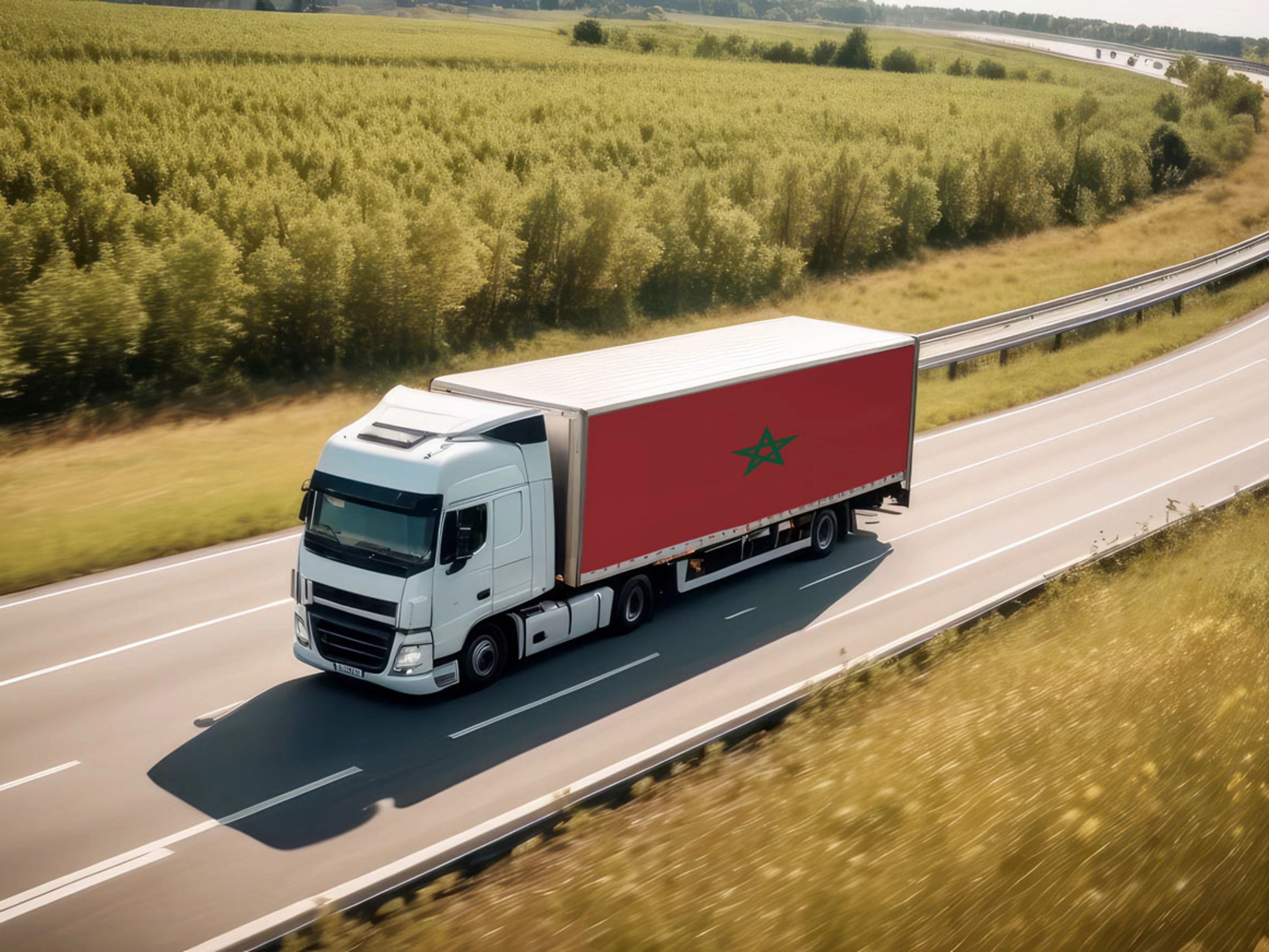 White truck with red trailer driving on a highway through open countryside.