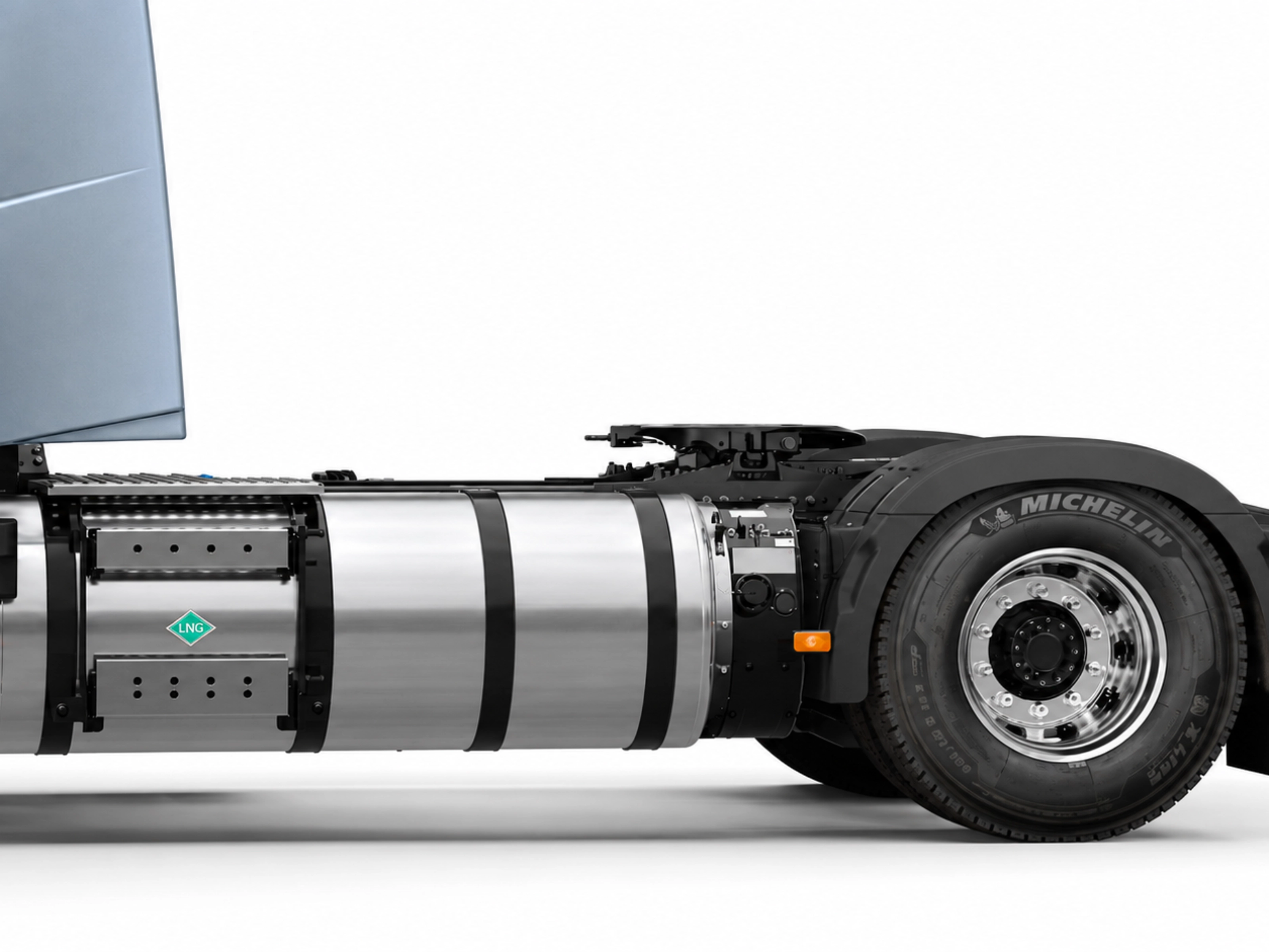 Side view of a truck chassis with a large LNG fuel tank.