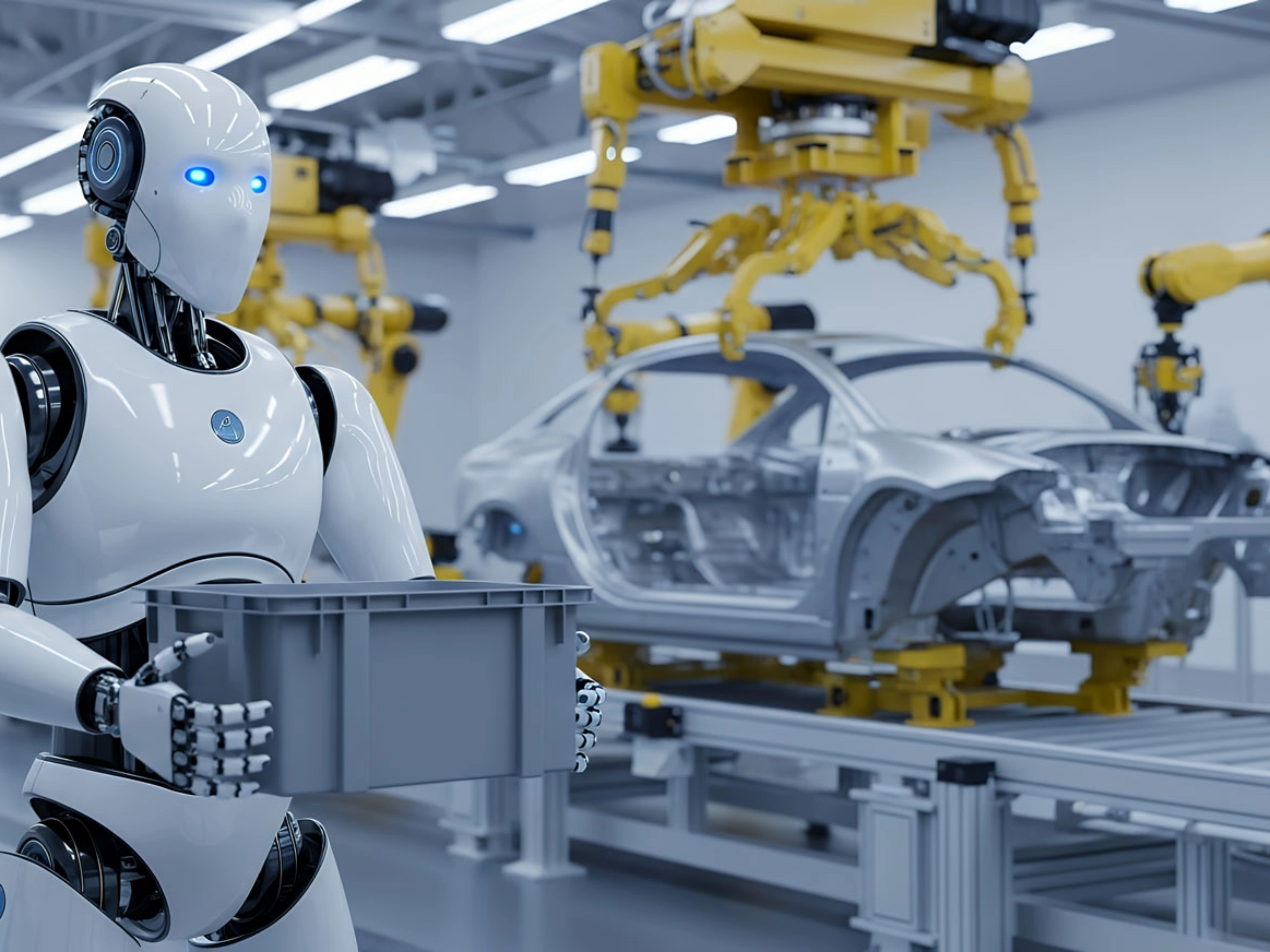Humanoid robot works on a car body in an automated factory.