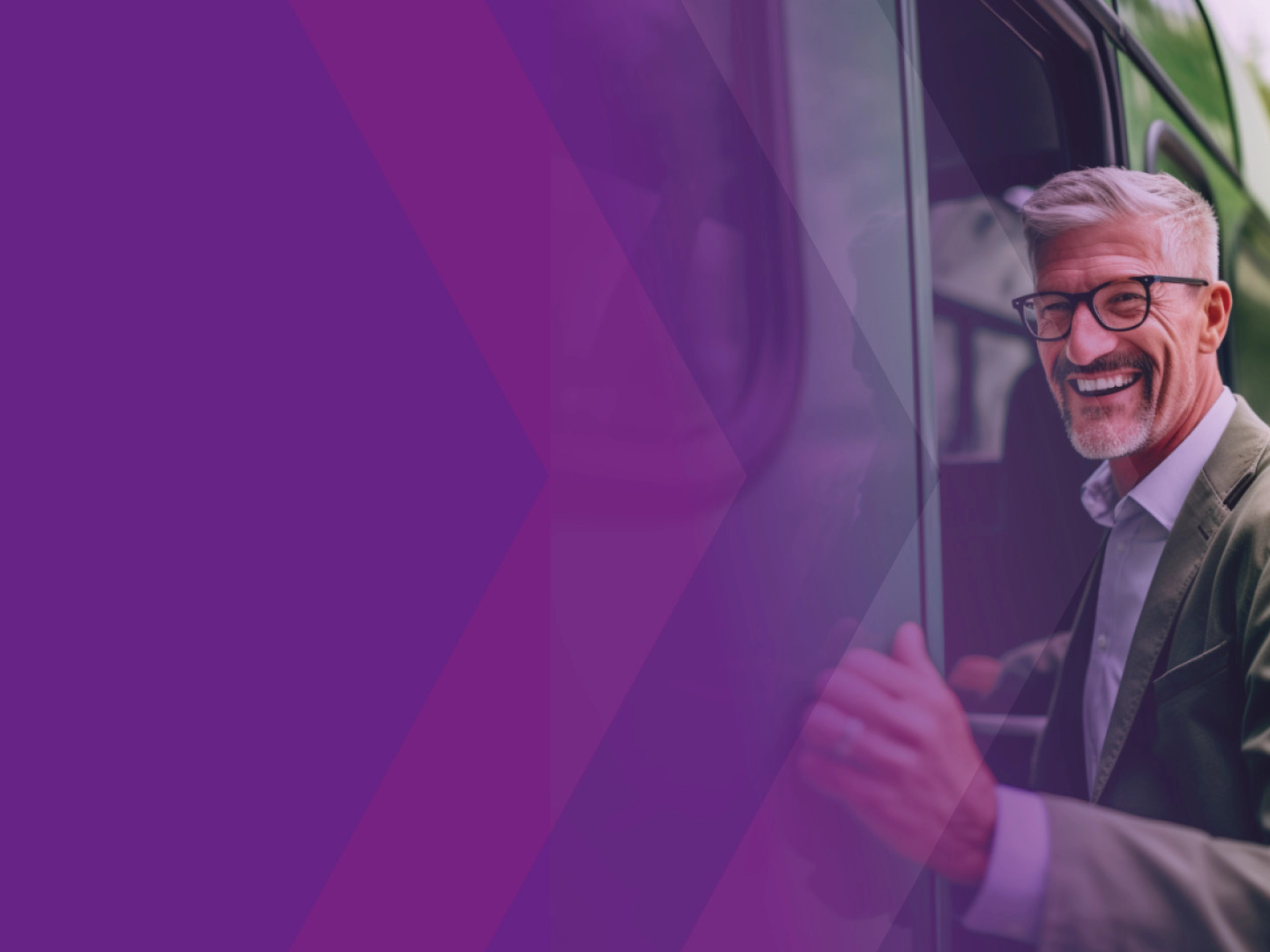 Smiling man boarding a bus, purple overlay on the left.
